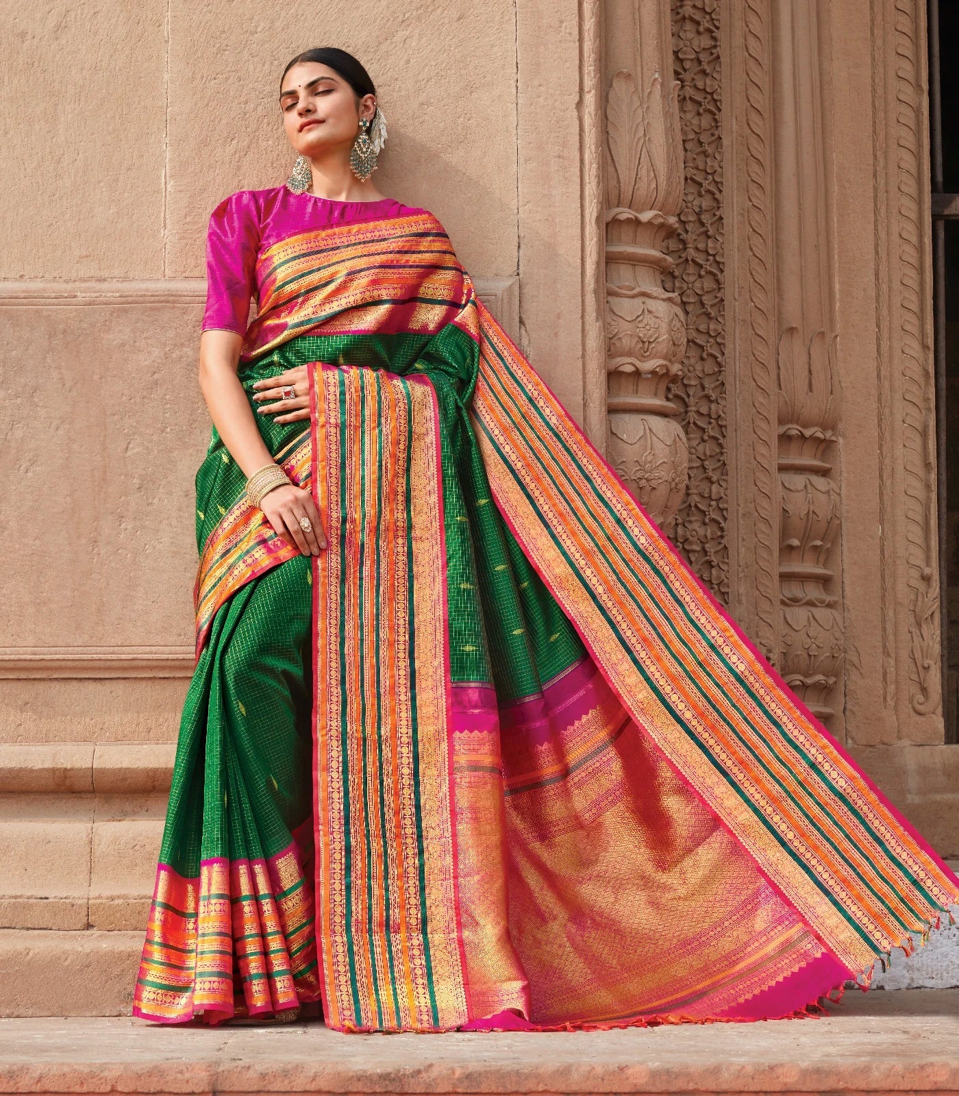 RmKV Green Handloom Kanchipuram Korvai Silk Saree With Checks & Buttas-Green