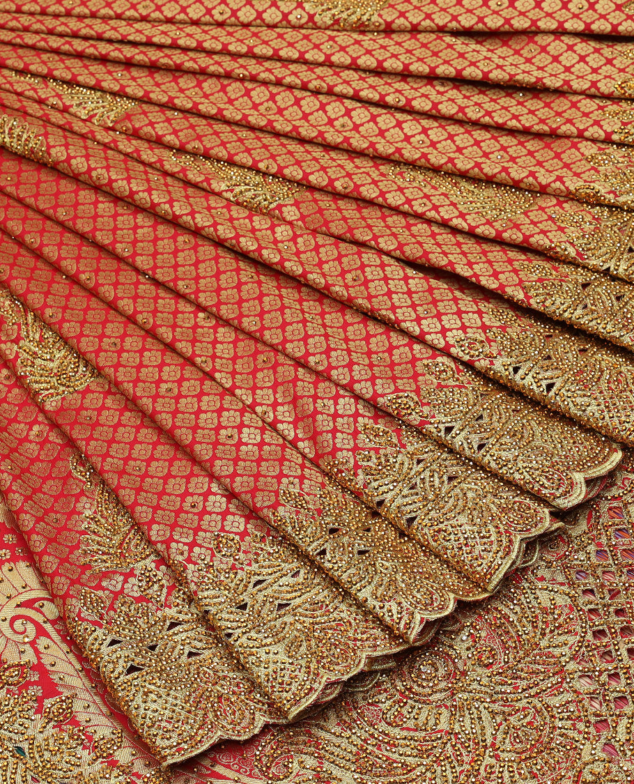 TheShoppothys Red jacquard & stonework silksaree,zari & stone embroidery scallop cutwork border & pallu of big paisleys with stonework - view 2