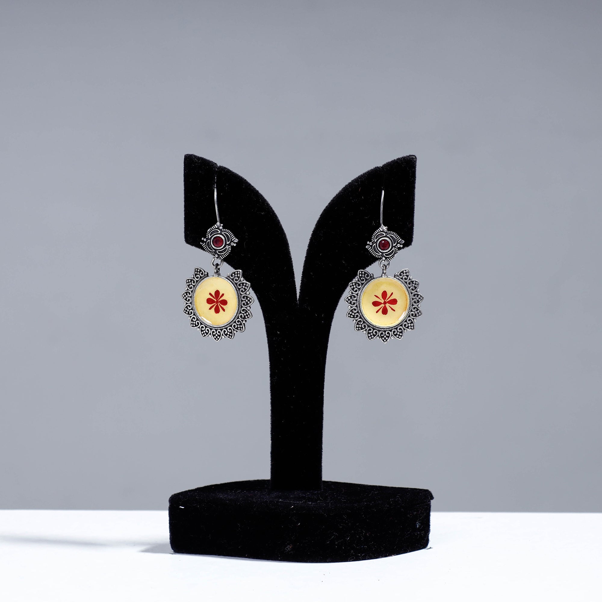 WHITE RIVER STORIES Antique Silver Finish Oxidised Brass Base Enamel Work Earrings