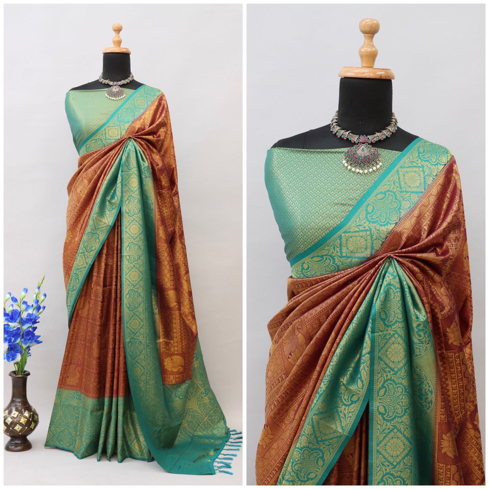 ClothsVilla Brown Kuber Soft Silk Saree with Exquisite Golden Jari Work & Matching Blouse