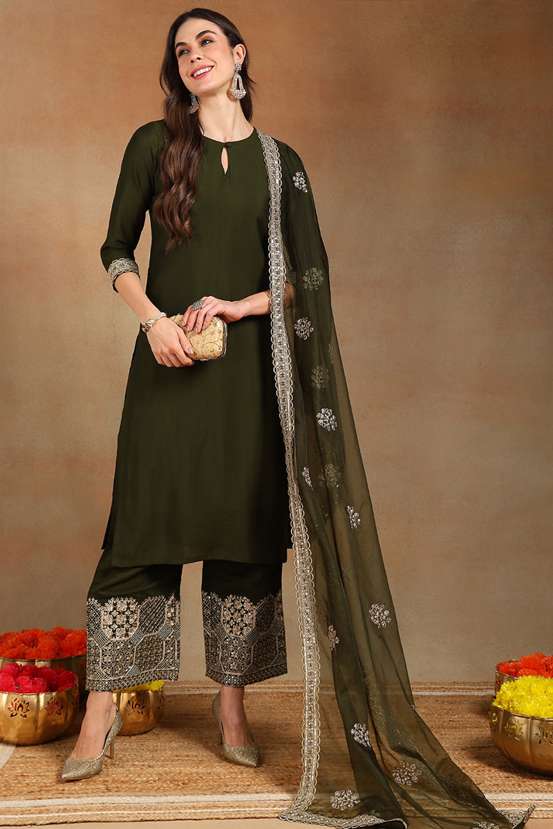 Ahika Olive Green Silk Blend Solid Straight Suit Set PKSKD2744 - view 2