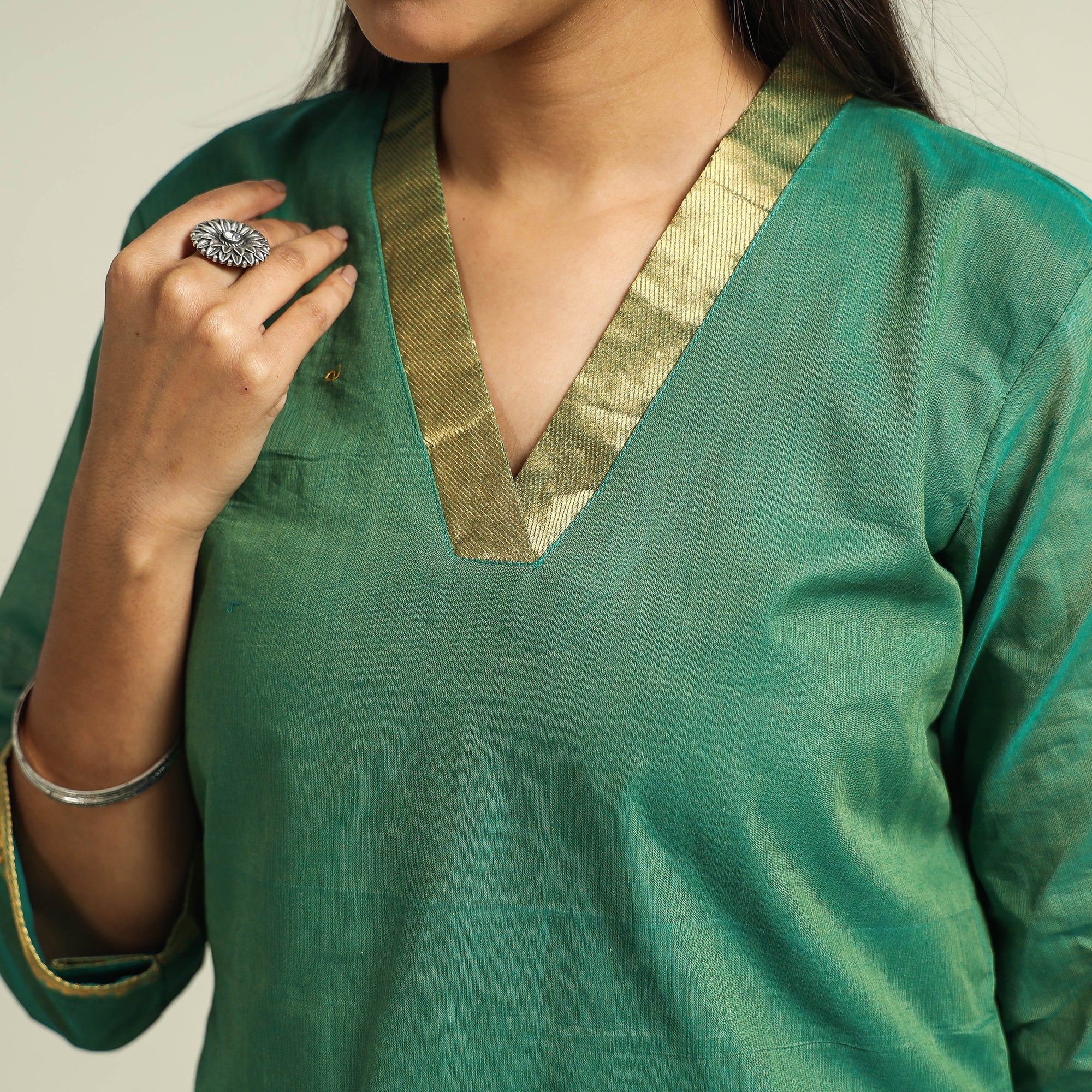 ITOKRI CASUALS Green - Mangalagiri Handloom Cotton Kurta with Palazzo & Dupatta Set - view 5