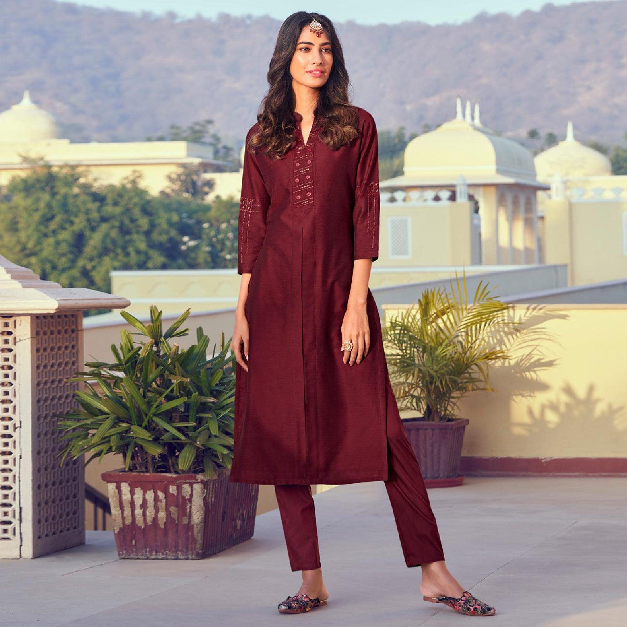 Peachmode Seller Maroon Solid Viscose Kurti Pant Set - view 2