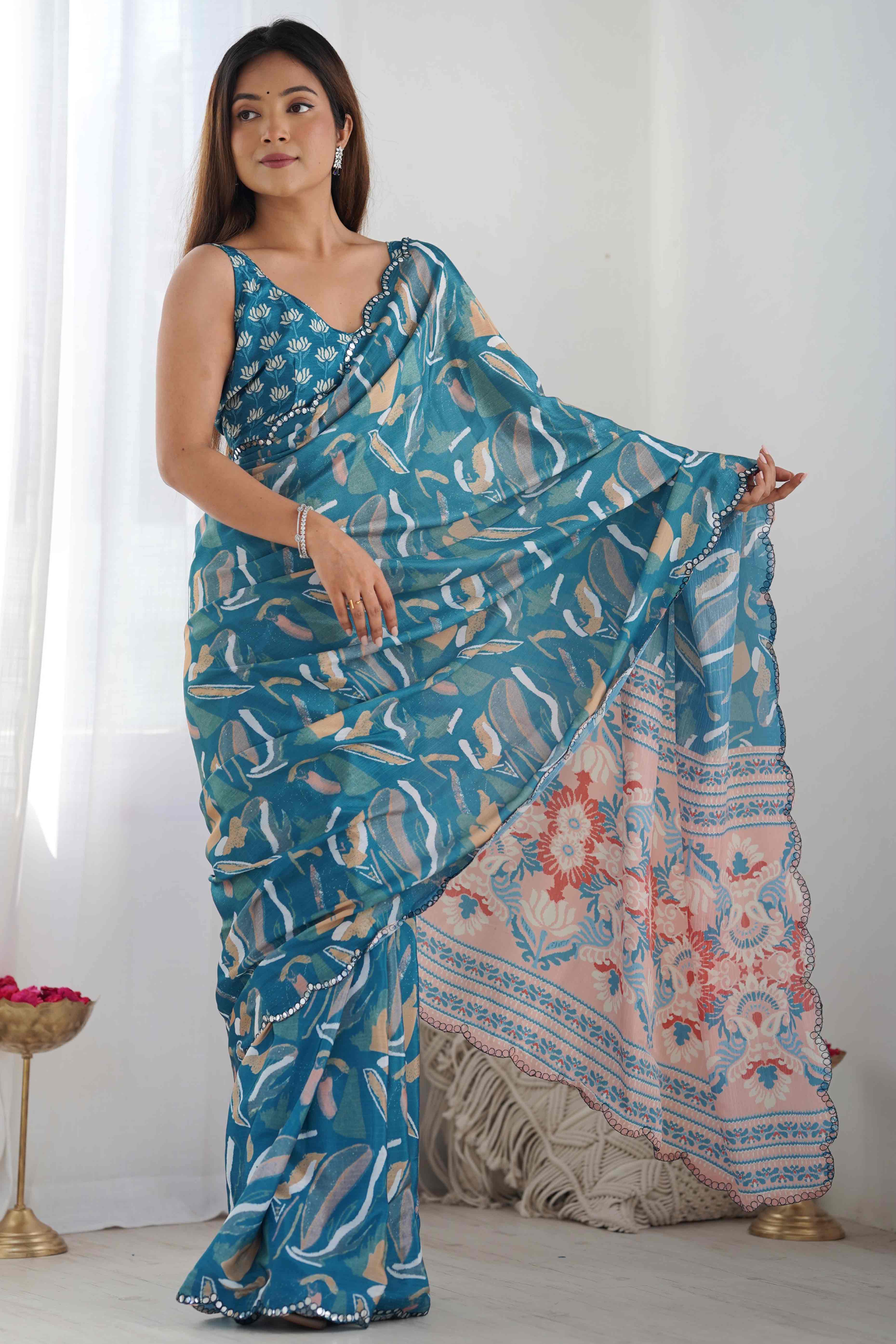 Peachmode Light Teal Floral Printed Chinon Saree