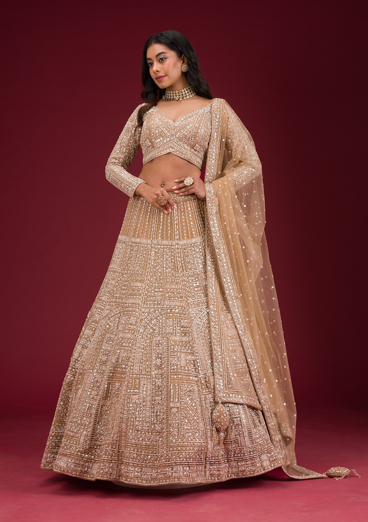 Koskii Beige Sequins Net Readymade Lehenga – Women's
