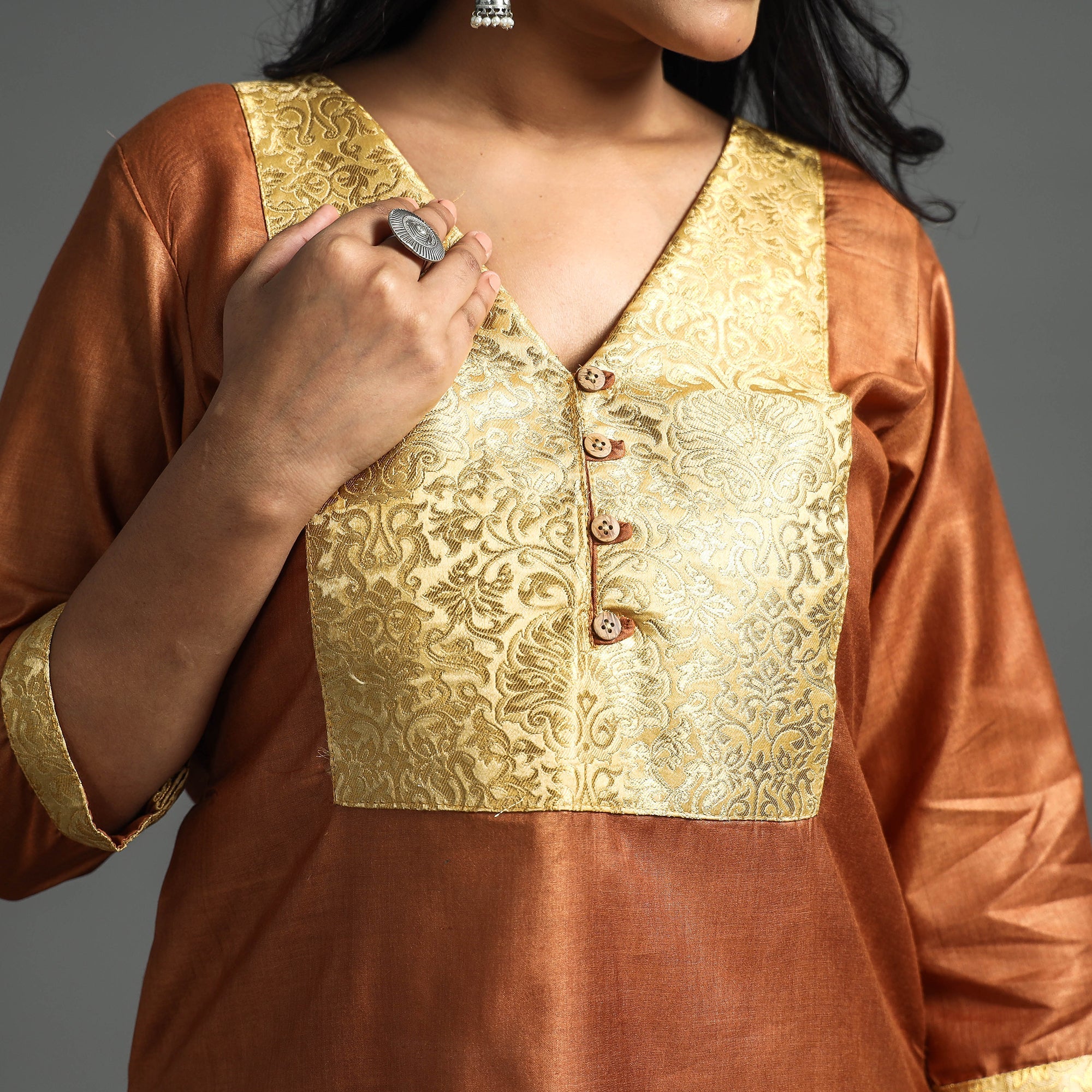 ITOKRI CASUALS Brown - Plain Tussar Silk Handloom Banarasi Patchwork Straight Kurta - view 5