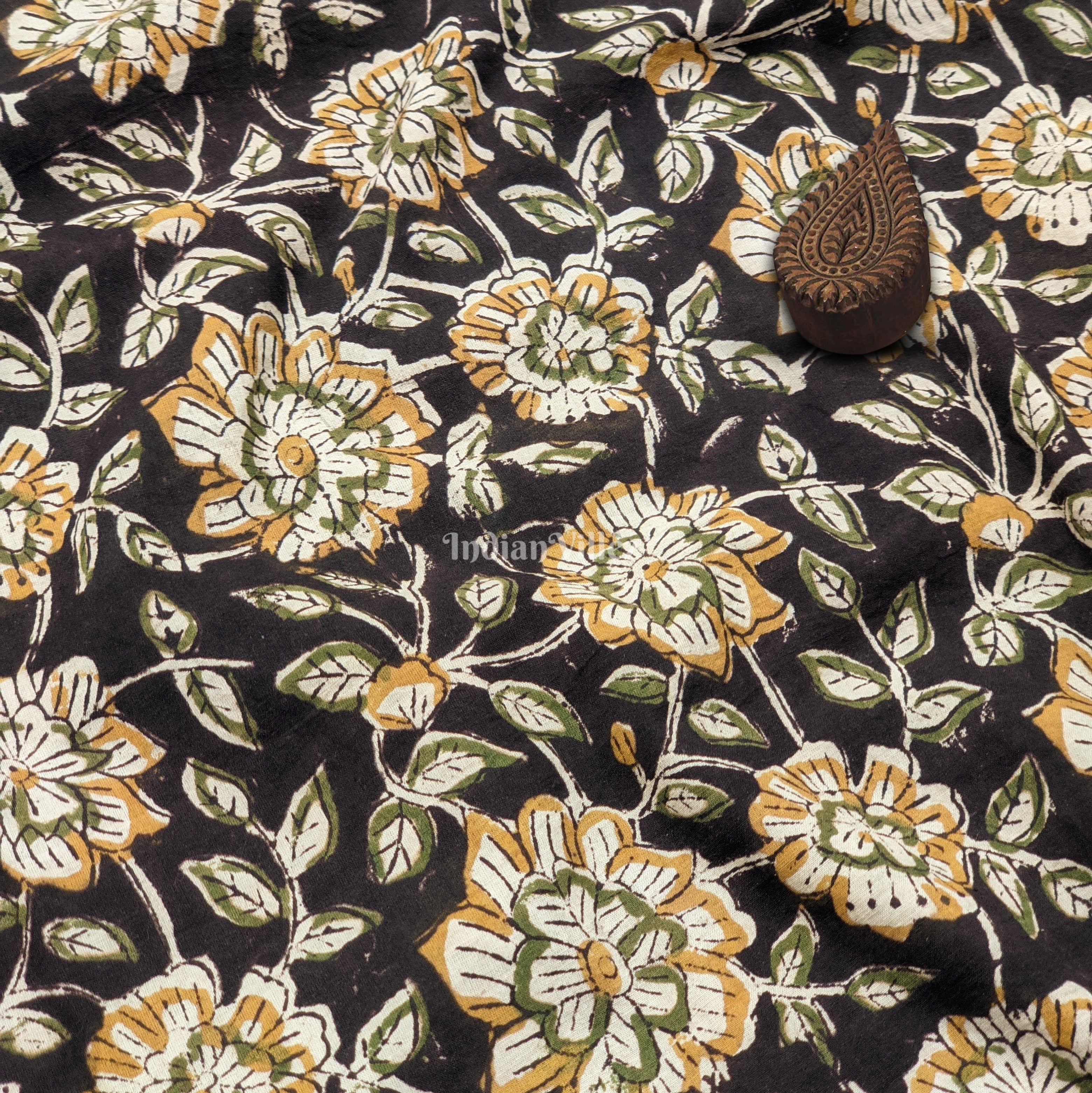 IndianVillèz Dark Brown Floral Hand Block Printed Cotton Fabric