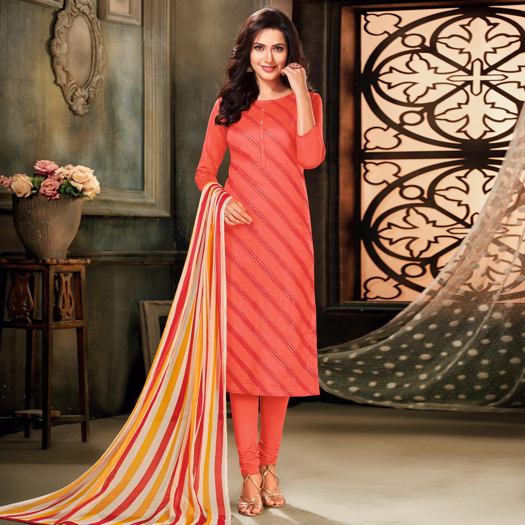 Peachmode Captivating Peach Colored Partywear Embroidered Chanderi Dress Material