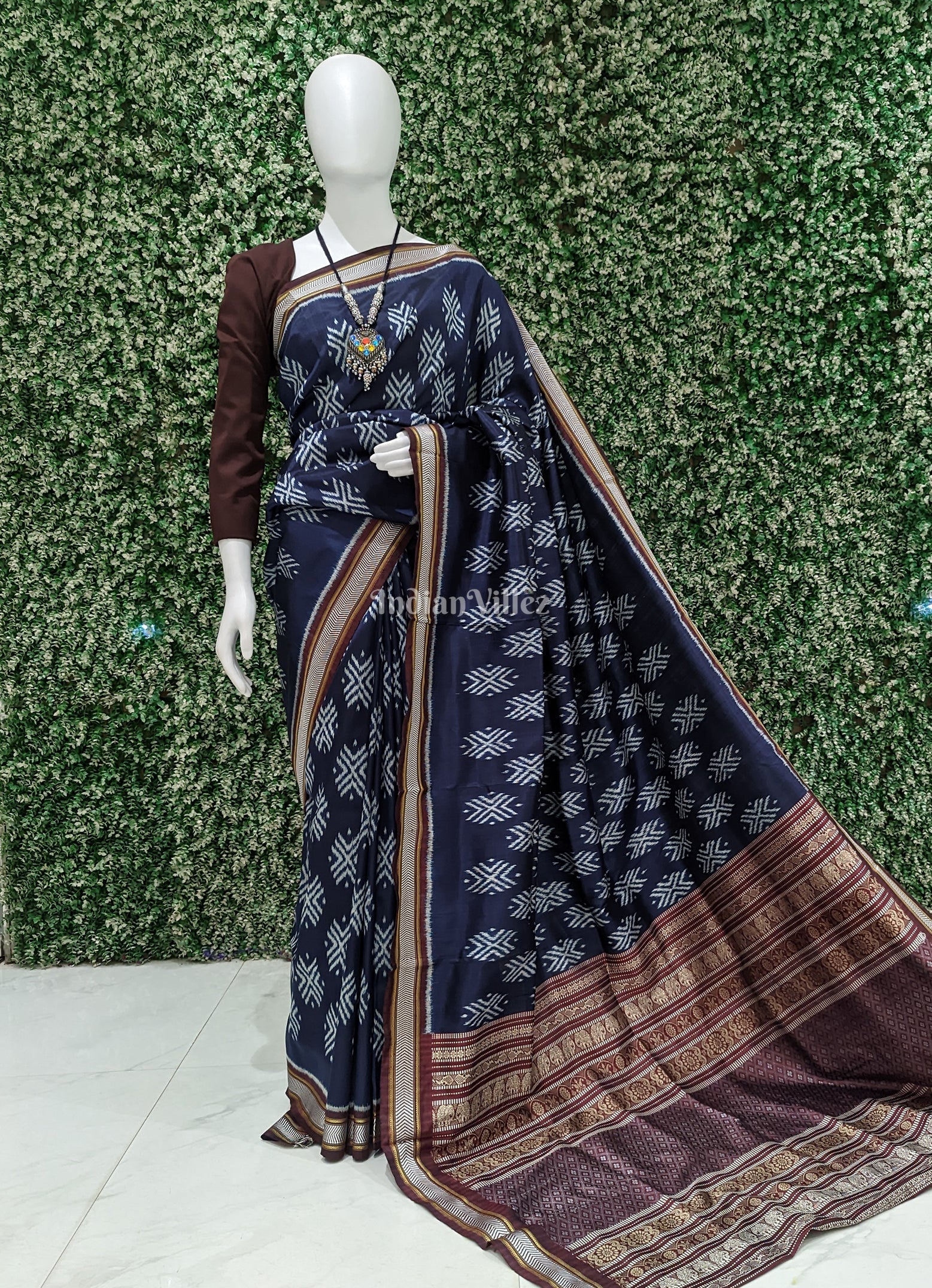 IndianVillèz Berry Blue Dongria Border Contemporary Silk Saree