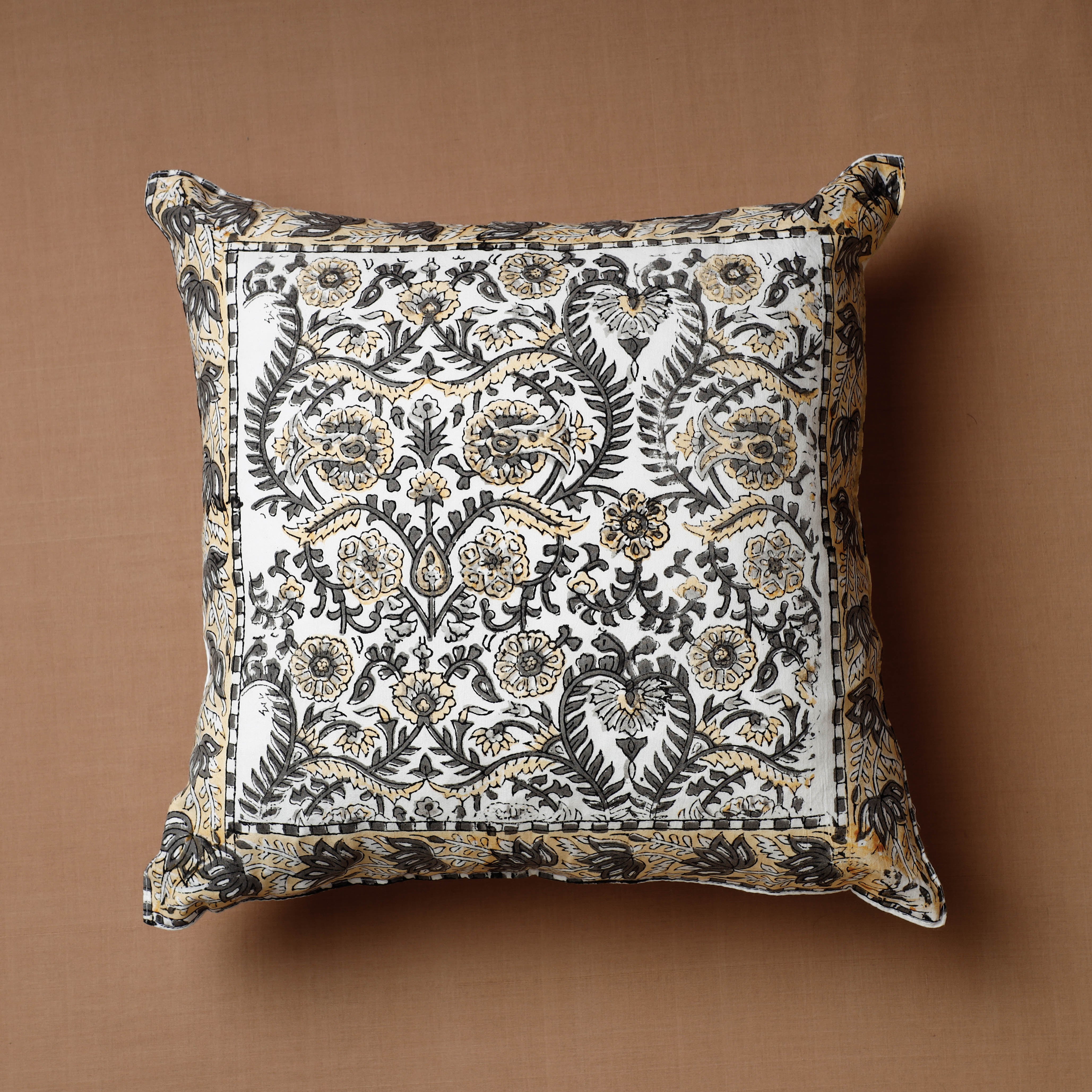 HAVELI CHRONICLES Beige - Block Print Cotton Sanganeri Cushion Cover (16 x 16 in)