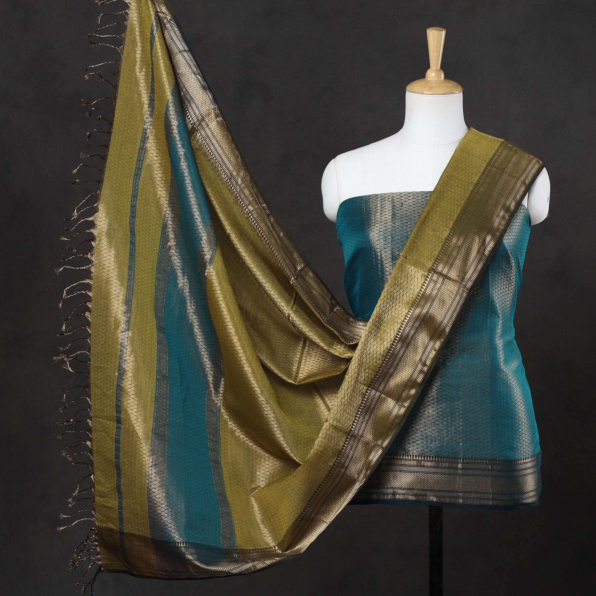 ITOKRI CRAFTS INITIATIVE Blue - 2pc Tissue Zari Handloom Cotton Maheshwari Dress Material