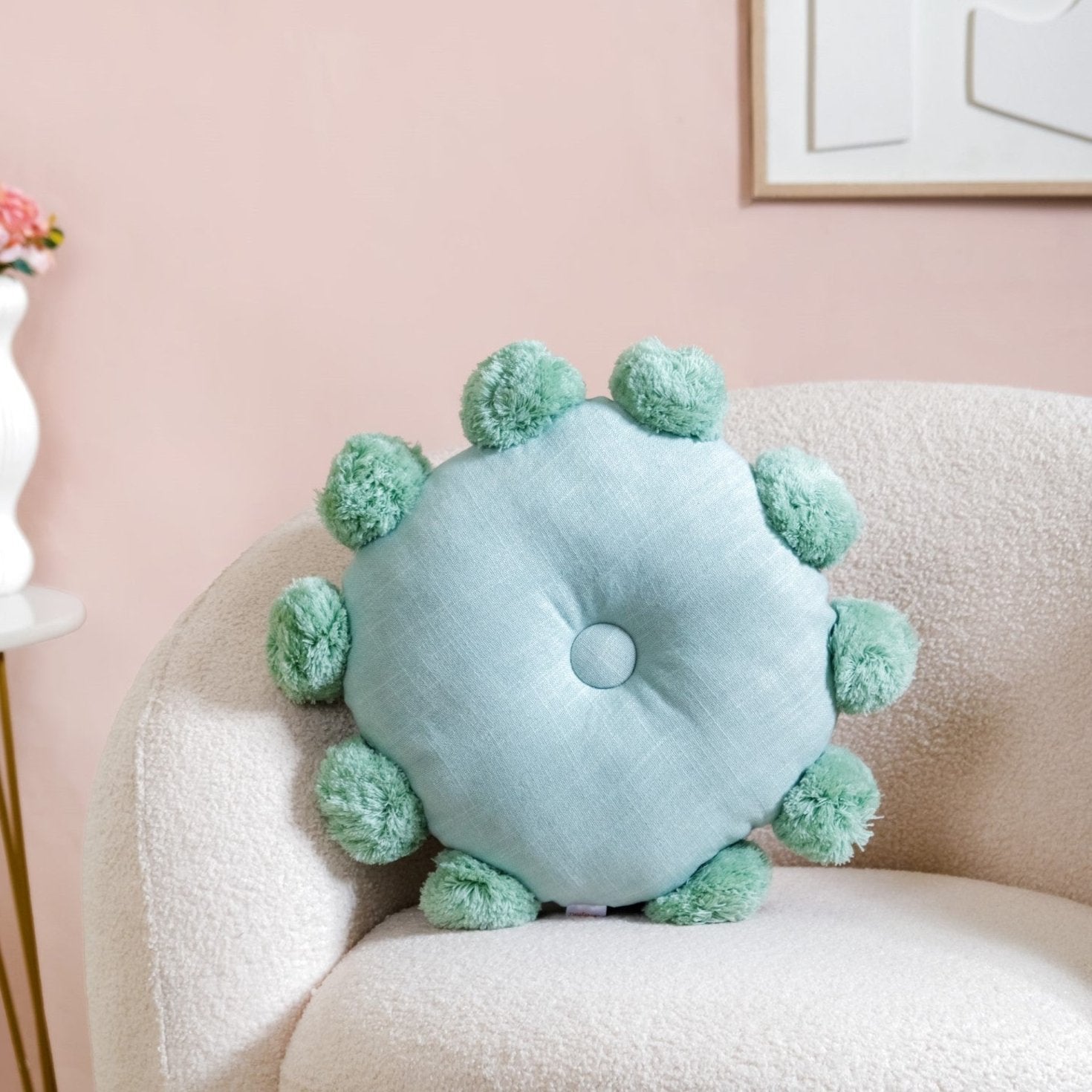 Nestasia Pom Pom Round Cushion Mint Green 17 Inch