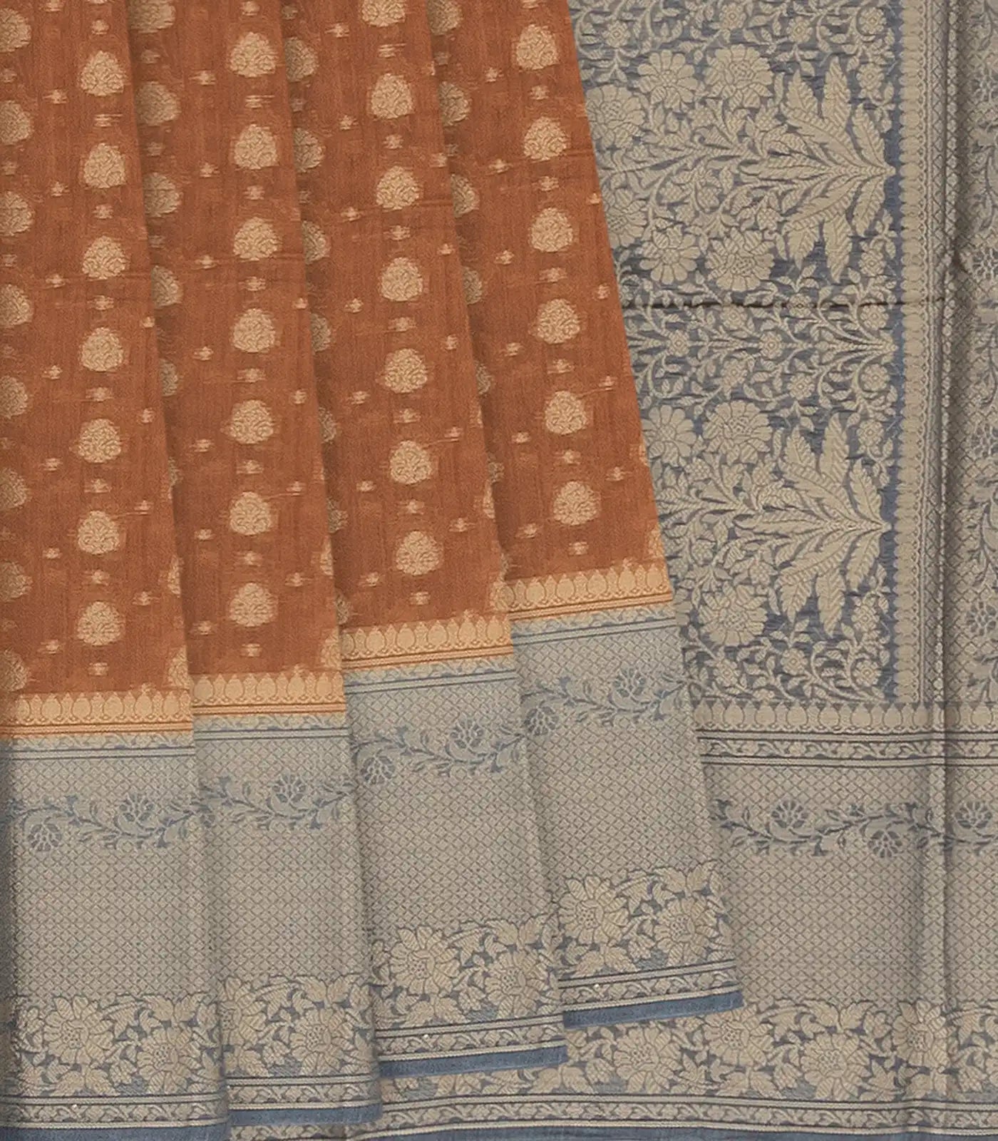 RmKV Brown Woven Banarasi Blended Cotton Saree With Floral Motifs & Grey Border-Brown