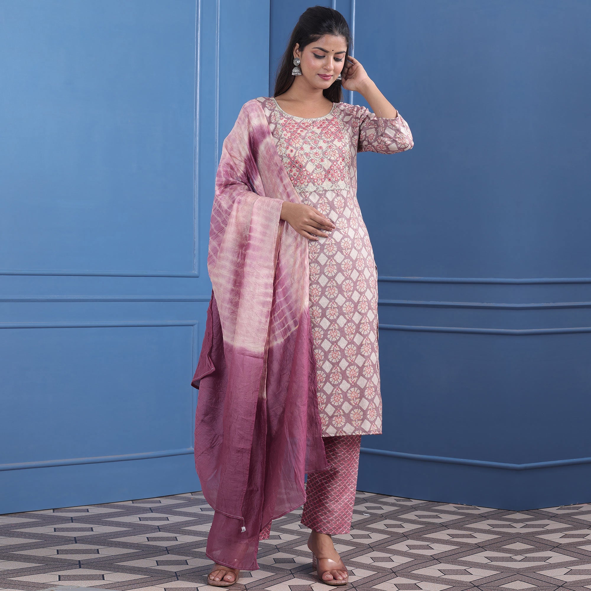 Peachmode Seller Mauve Floral Printed With Embroidered Rayon Suit - view 2