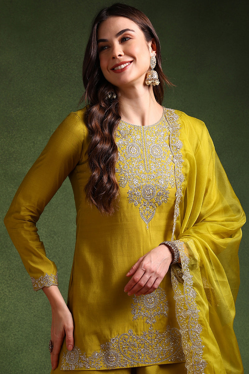 Ahika Lime Green Silk Blend Embroidered Straight Palazzo Suit Set PKSKD2609 - view 2