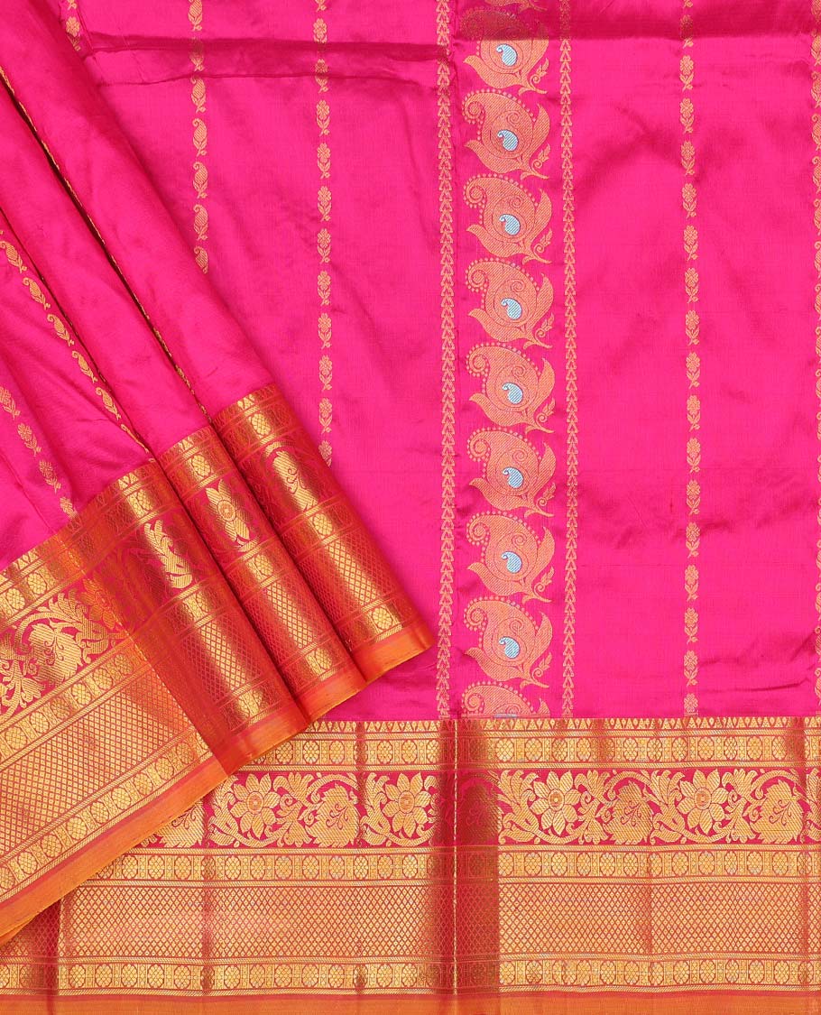 Pothys Pink zari designs pure-silk half saree, contrast zari design blouse, traditional zari design border & intricate dhavani - view 2