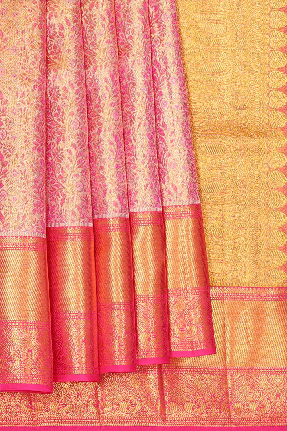 Kalanjali Kanchipattu Bright Pink Tissue Brocade Saree