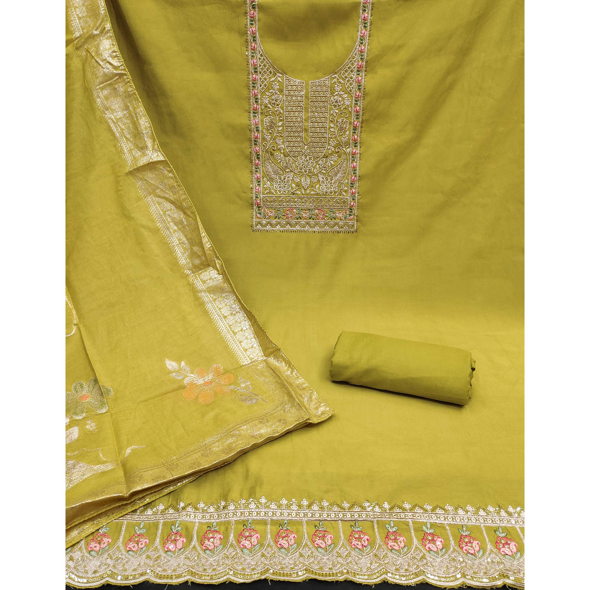 BlackTree green-floral-sequins-embroidered-roman-cotton-silk-dress-material-5 - view 3