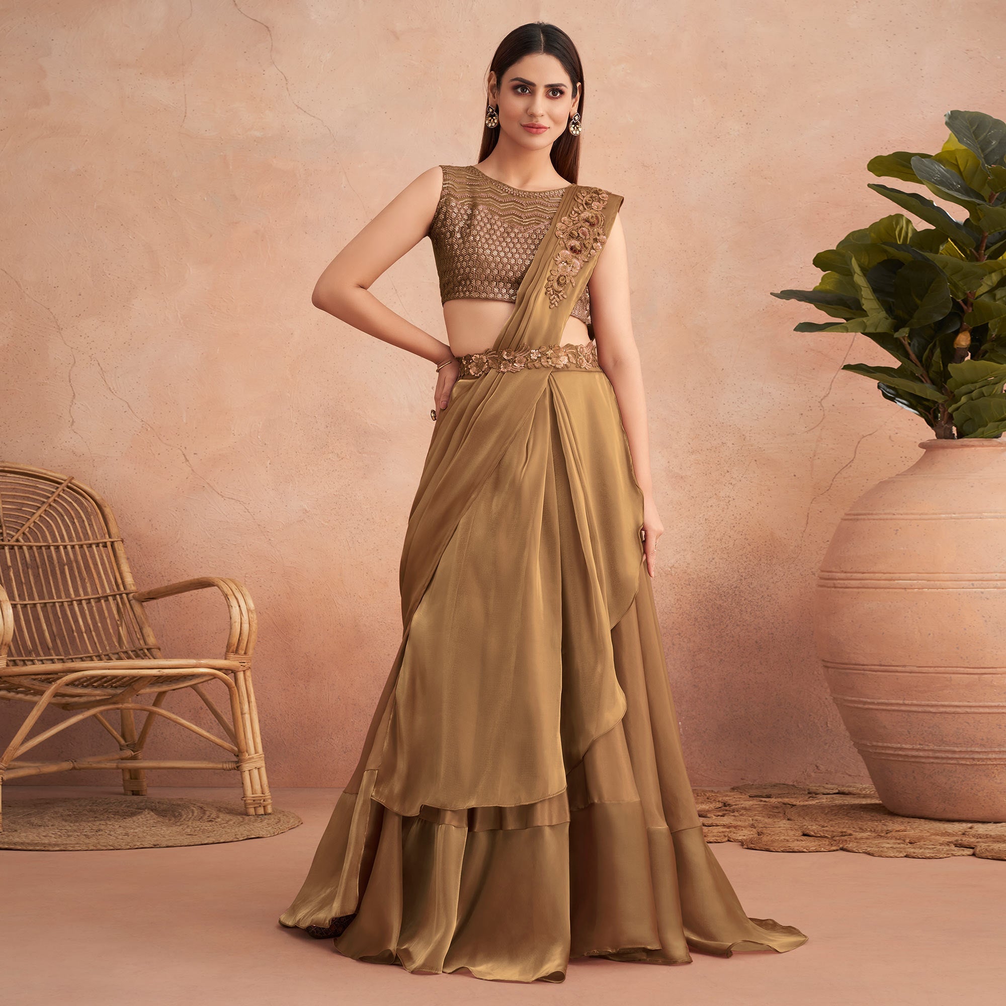 Peachmode Seller Brown Sequins Embroidered Ready to Wear Art Silk Saree - view 2