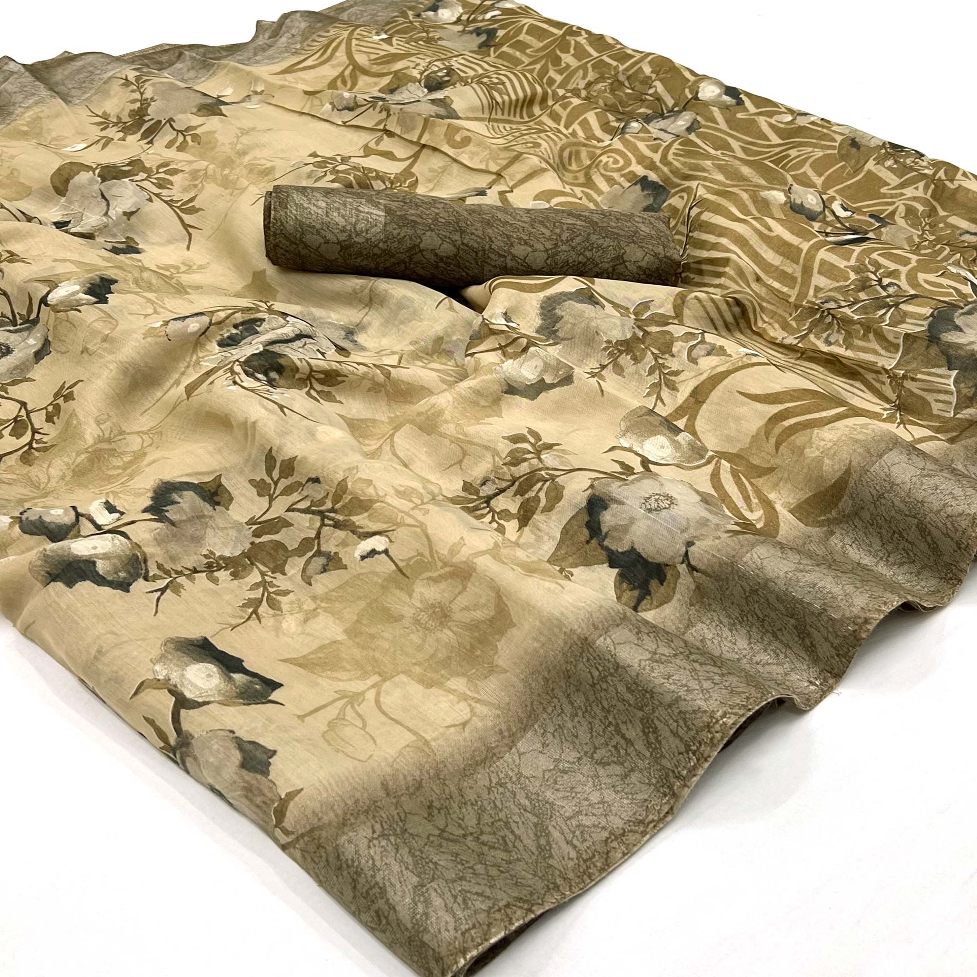 Peachmode Chikoo Floral Printed Linen Saree – Women's