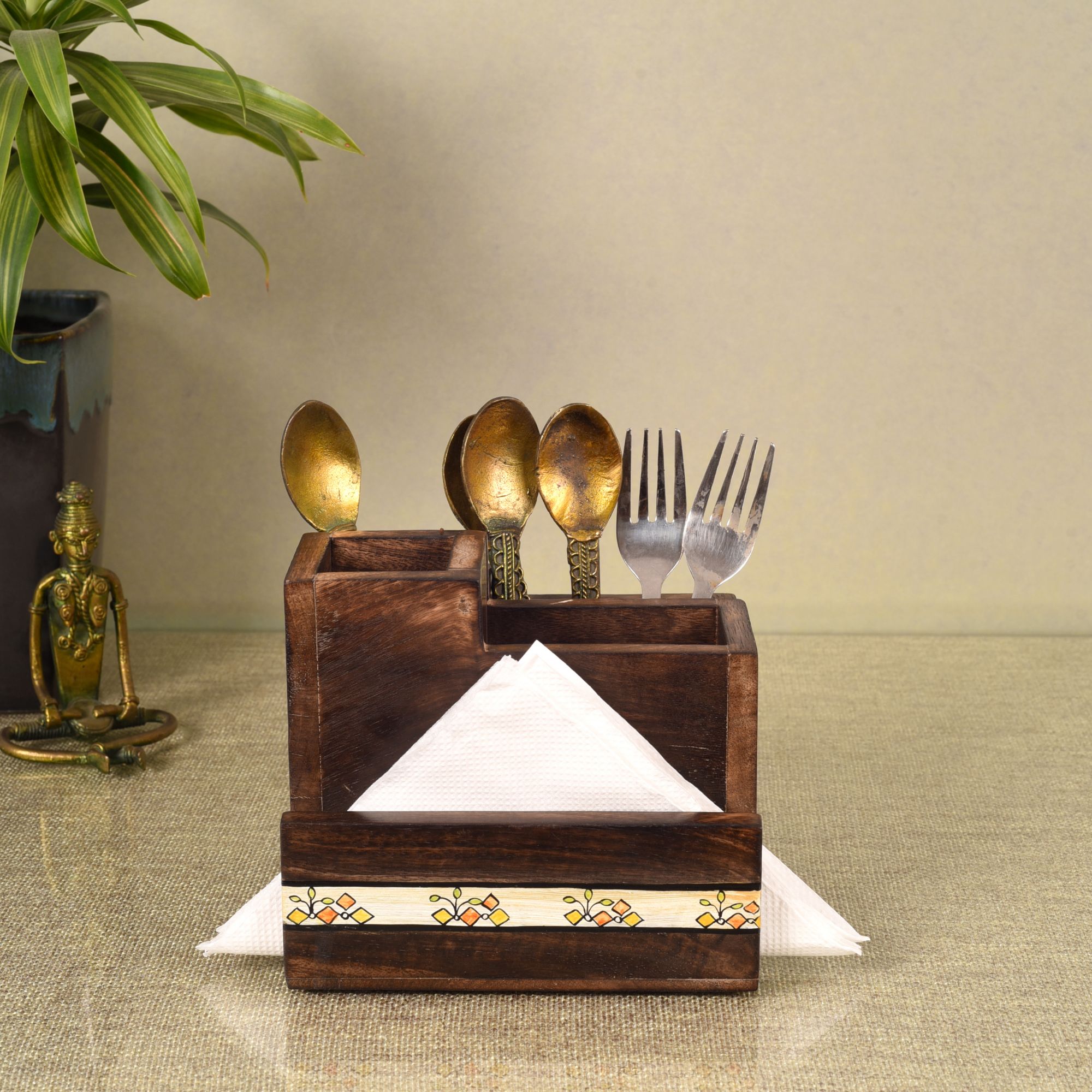 ART CREATIONS BY SUMAN SONTHALIA Brown - Flowers Of Life Cutlery Holder Box (6x6x5)