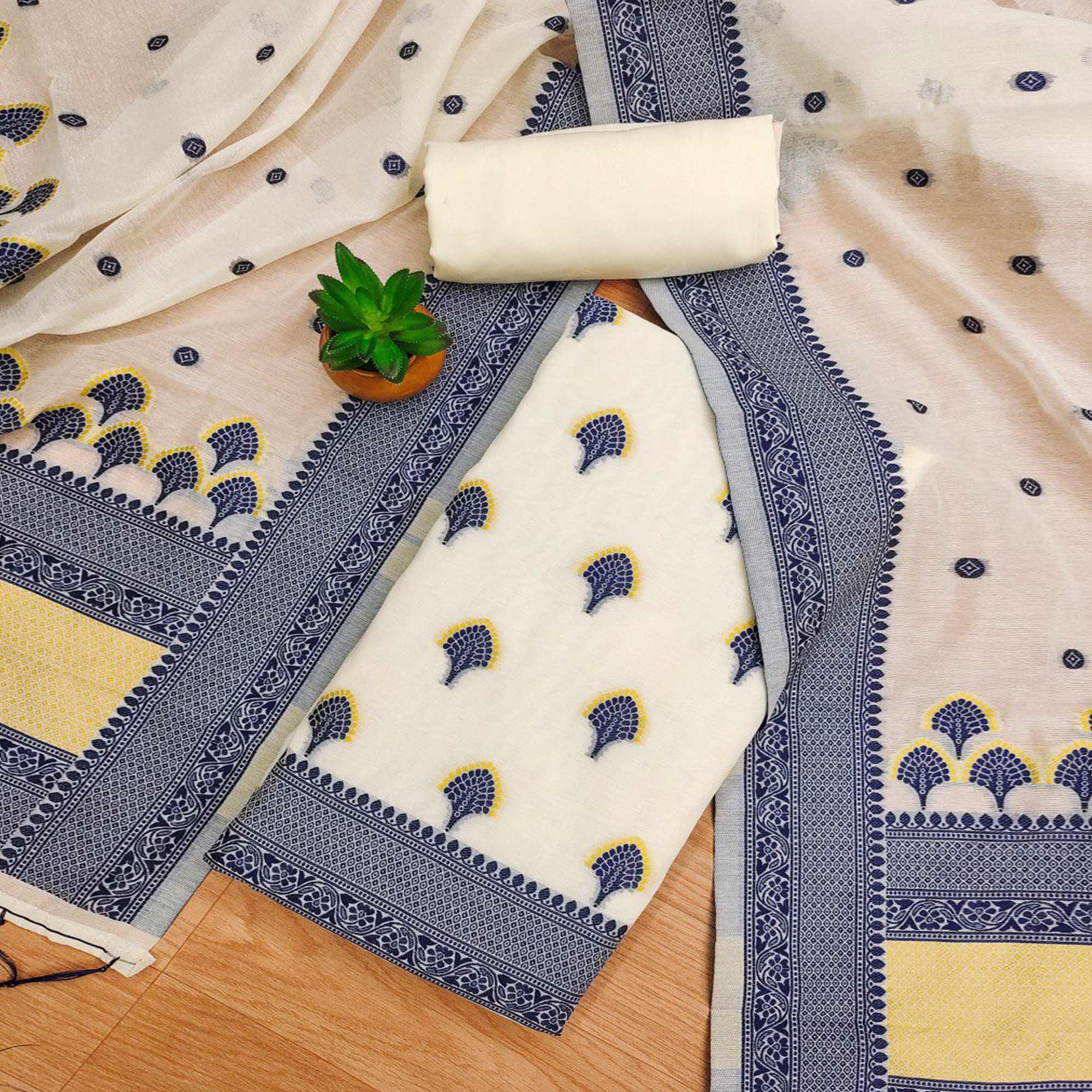 Peachmode Offwhite & Navy Blue Floral Woven Chanderi Dress Material