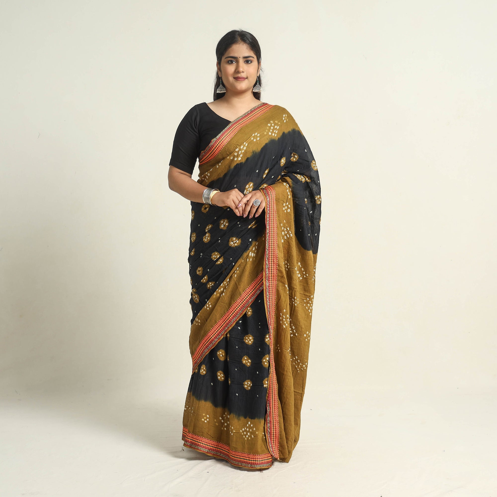 KACHCHH JI CHHAAP Black - Kutch Tie-Dye Cotton Bandhani Saree with Blouse Piece 51