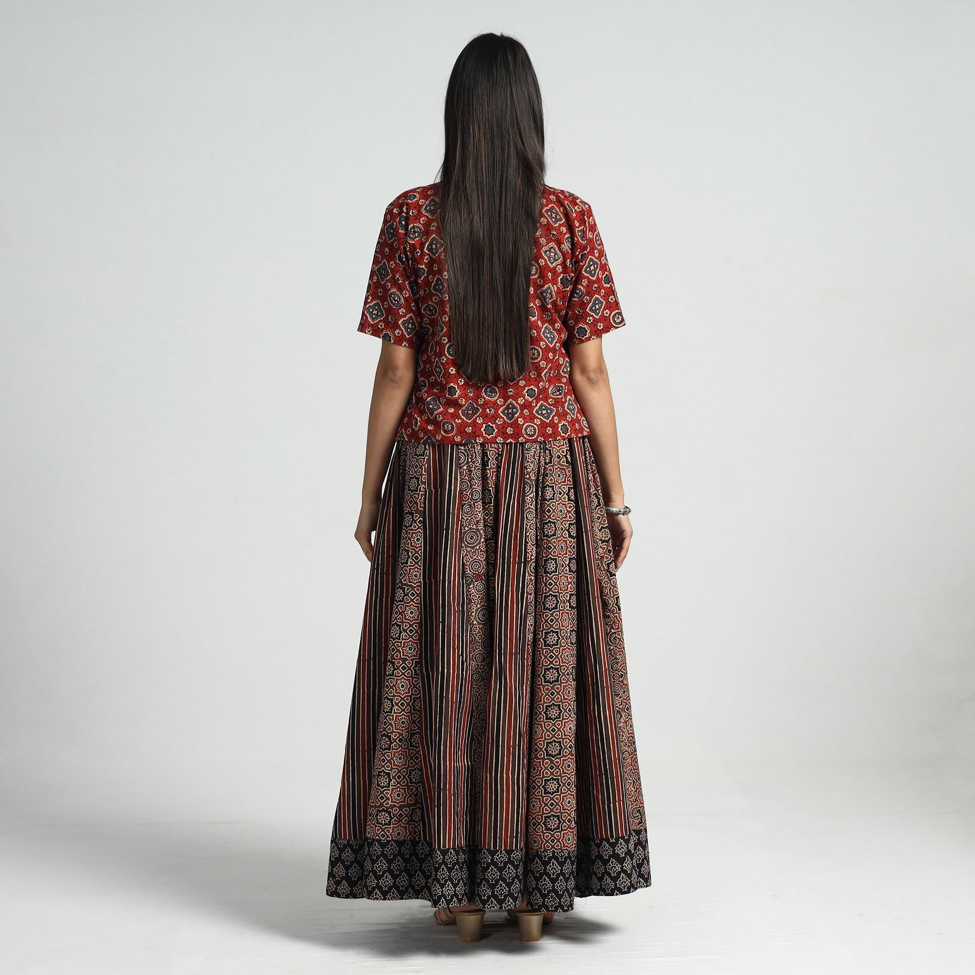NOORI BAZAR Brown - Ajrakh Block Printed 24 Kali Patchwork Cotton Long Skirt - view 6