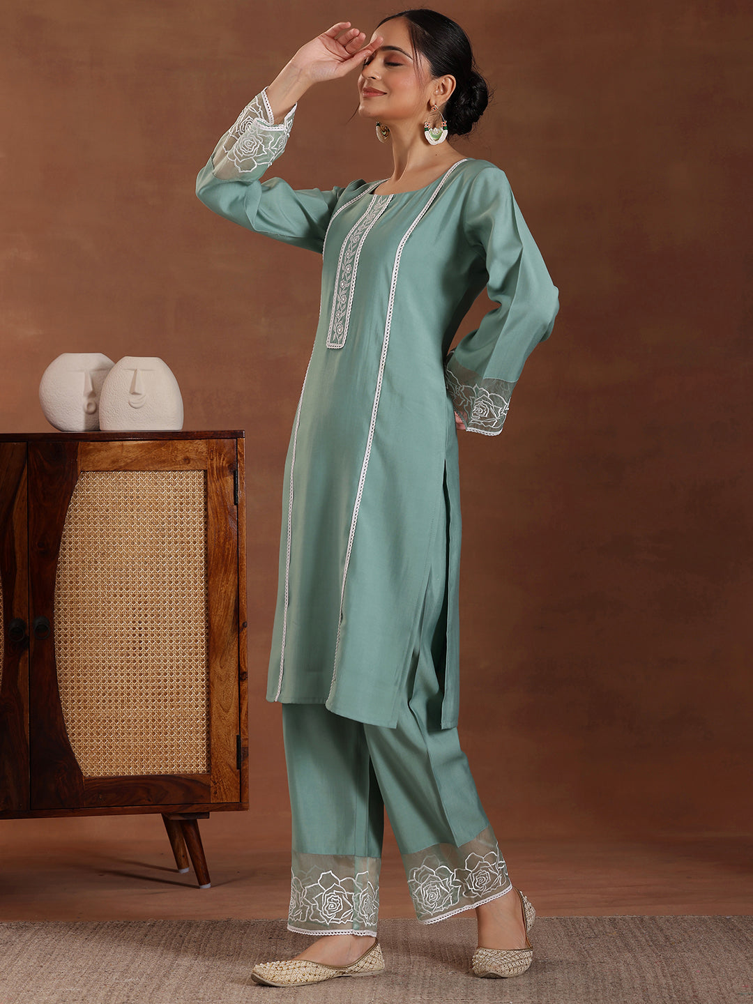 Libas Green Self Design Silk Blend Straight Suit With Dupatta - view 2