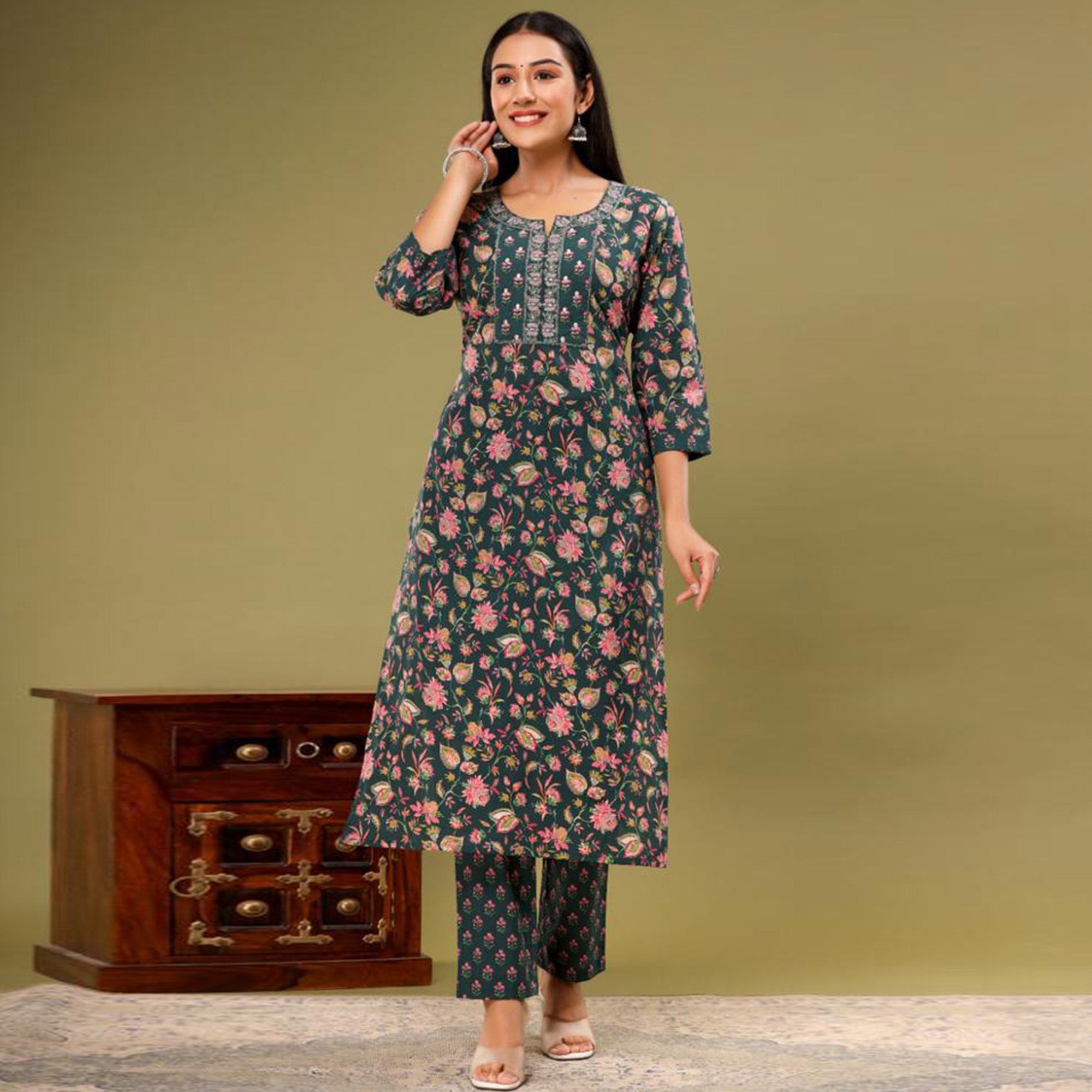 BlackTree green-floral-printed-pure-cotton-suit-2 - view 2