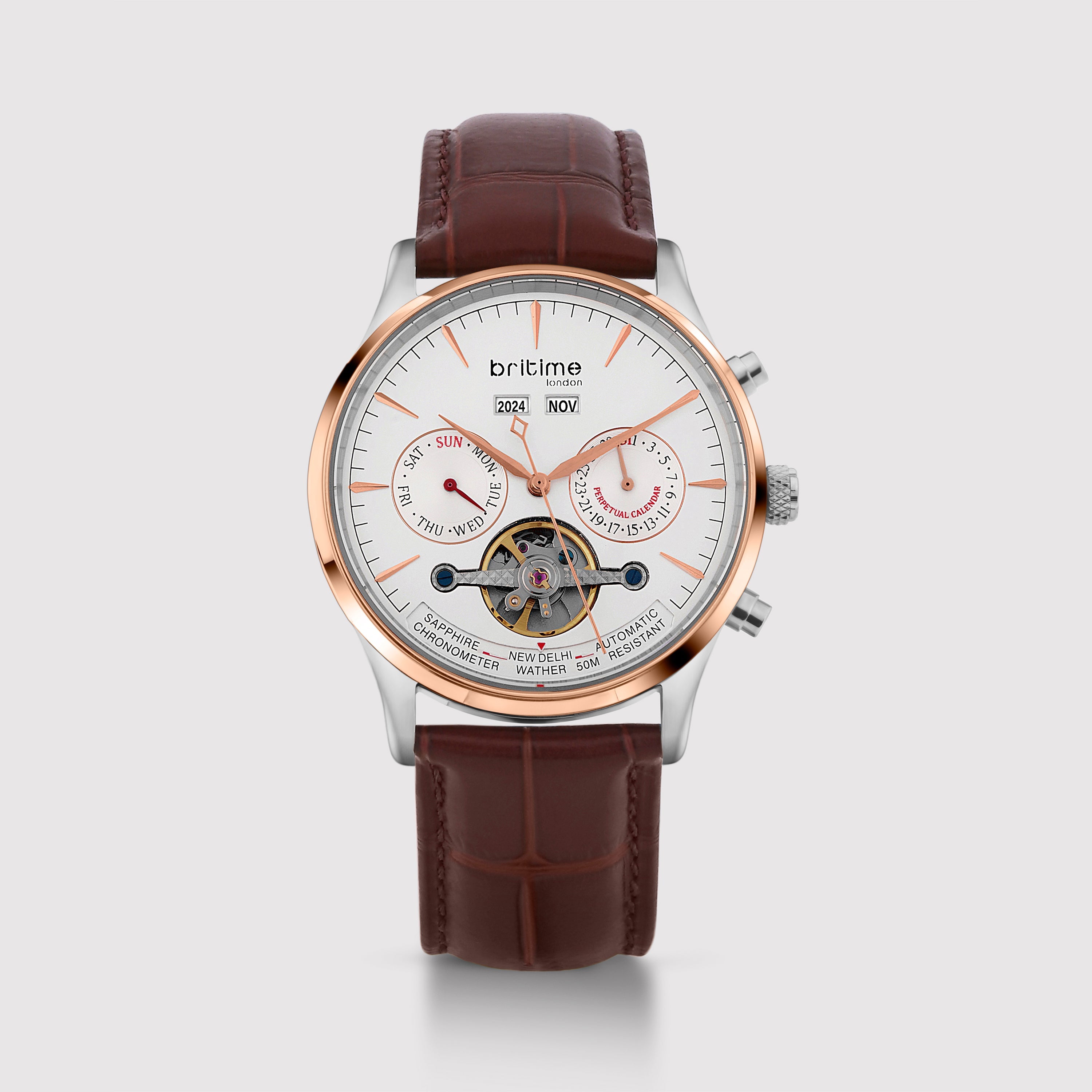 Britime Celestial Men Automatic Silver Dial Chronograph Leather Watch 867-L30308
