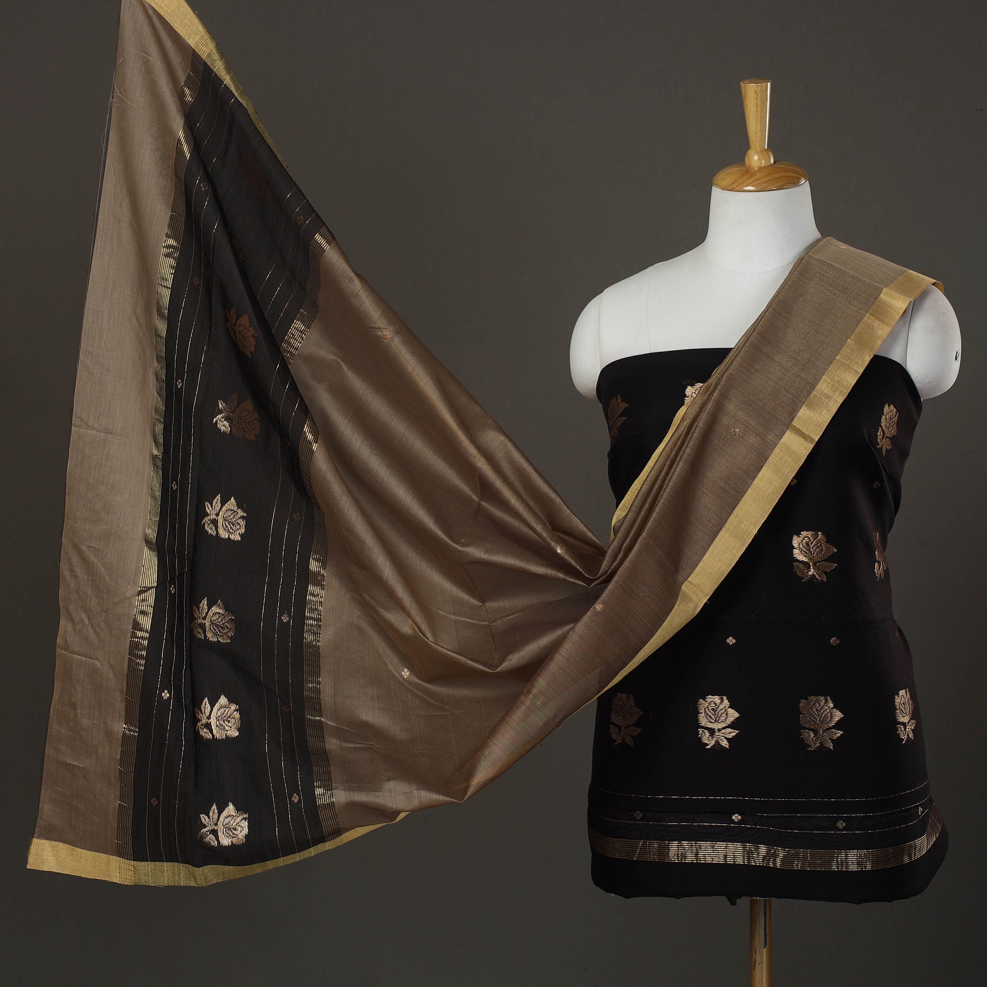 CHANDERI BY RAUPH KHAN Black - 2pc Zari Buti Handloom Chanderi Silk Dress Material 13