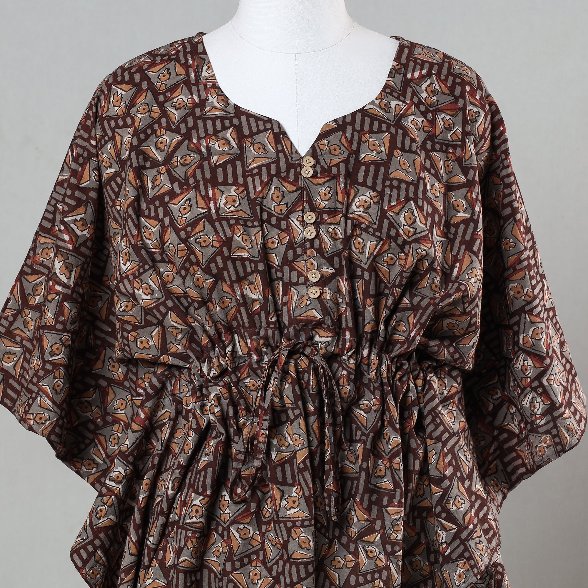 ITOKRI CASUALS Brown - Bagru Block Printed Cotton Kaftan with Tie-Up Waist (Short) - view 2