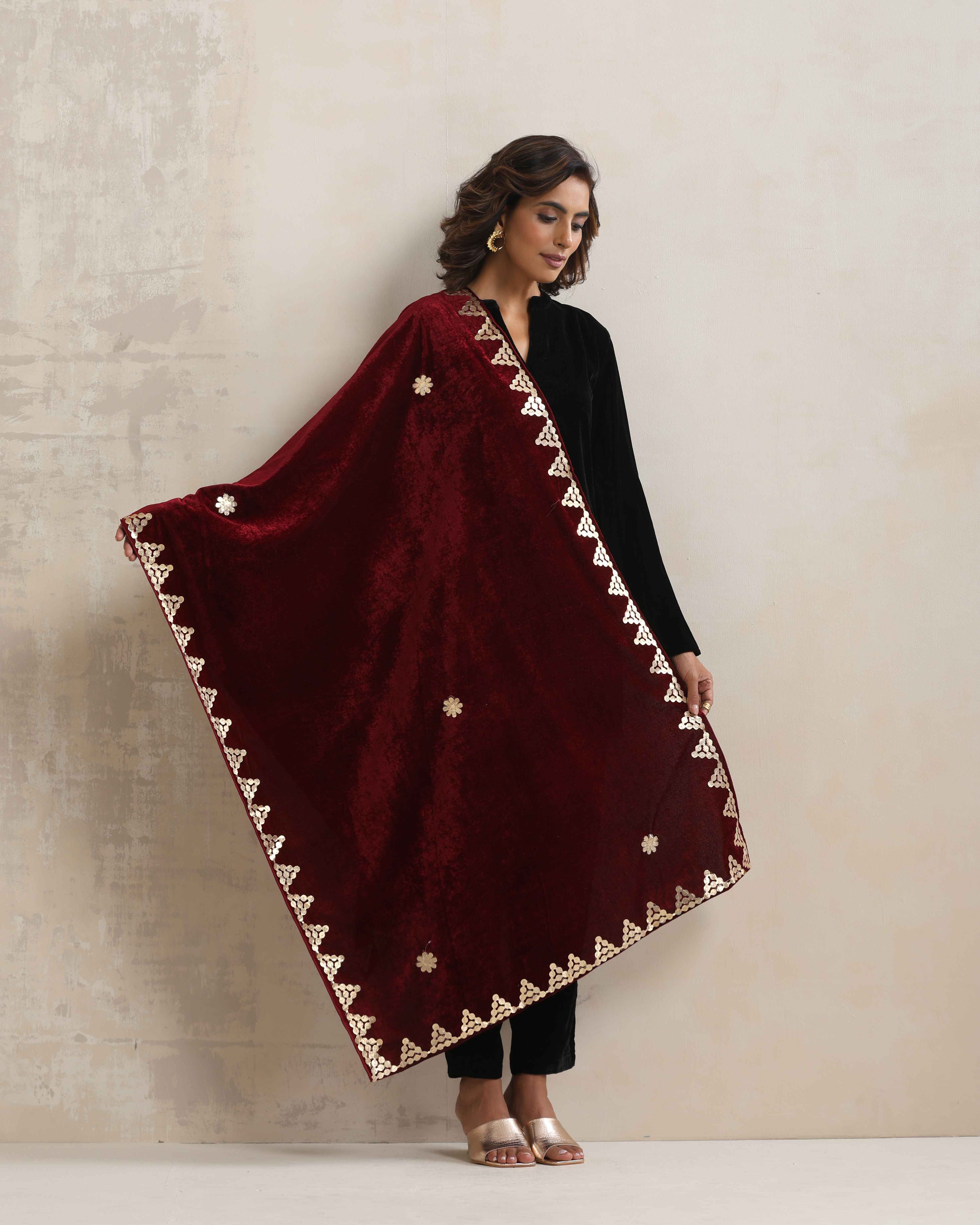 trueBrowns Maroon Velvet Gota Patti Stole - view 2