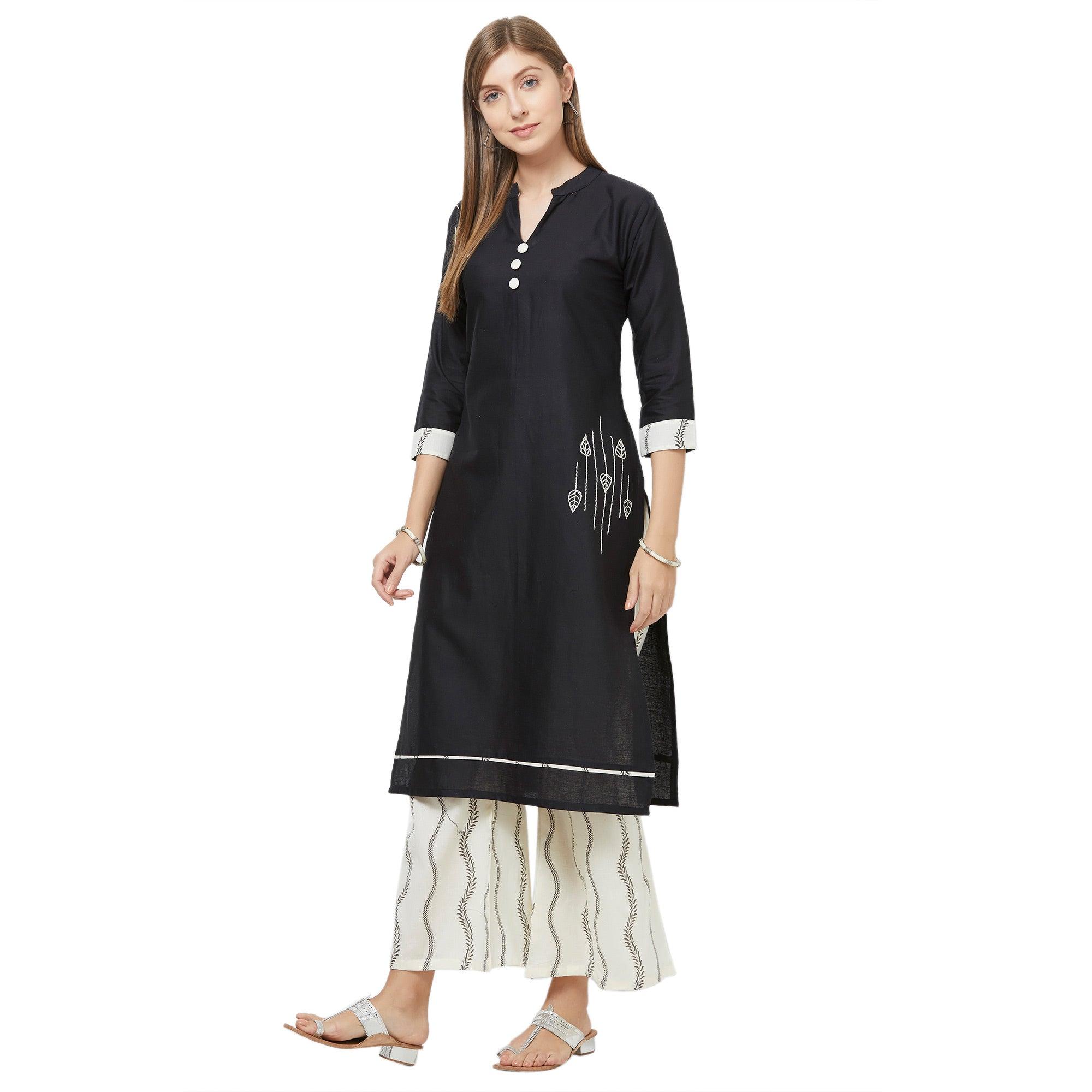 Peachmode Captivating Black Colored Casual Embroidered Cotton Kurti-Palazzo Set - view 5