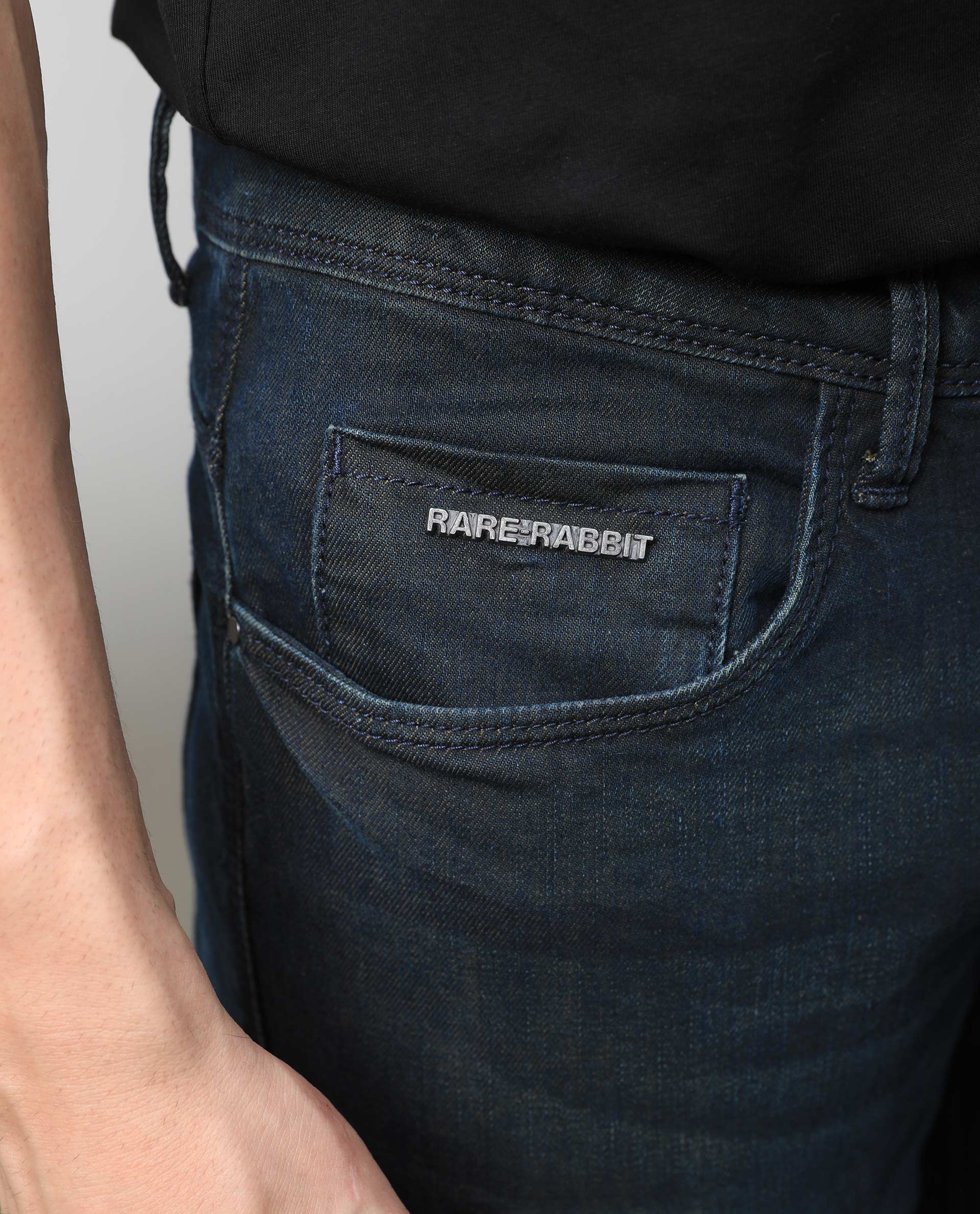 Rare Rabbit Men's Genevo Dusky Blue Mid-Rise Dark Wash Regular Fit Jeans - view 3