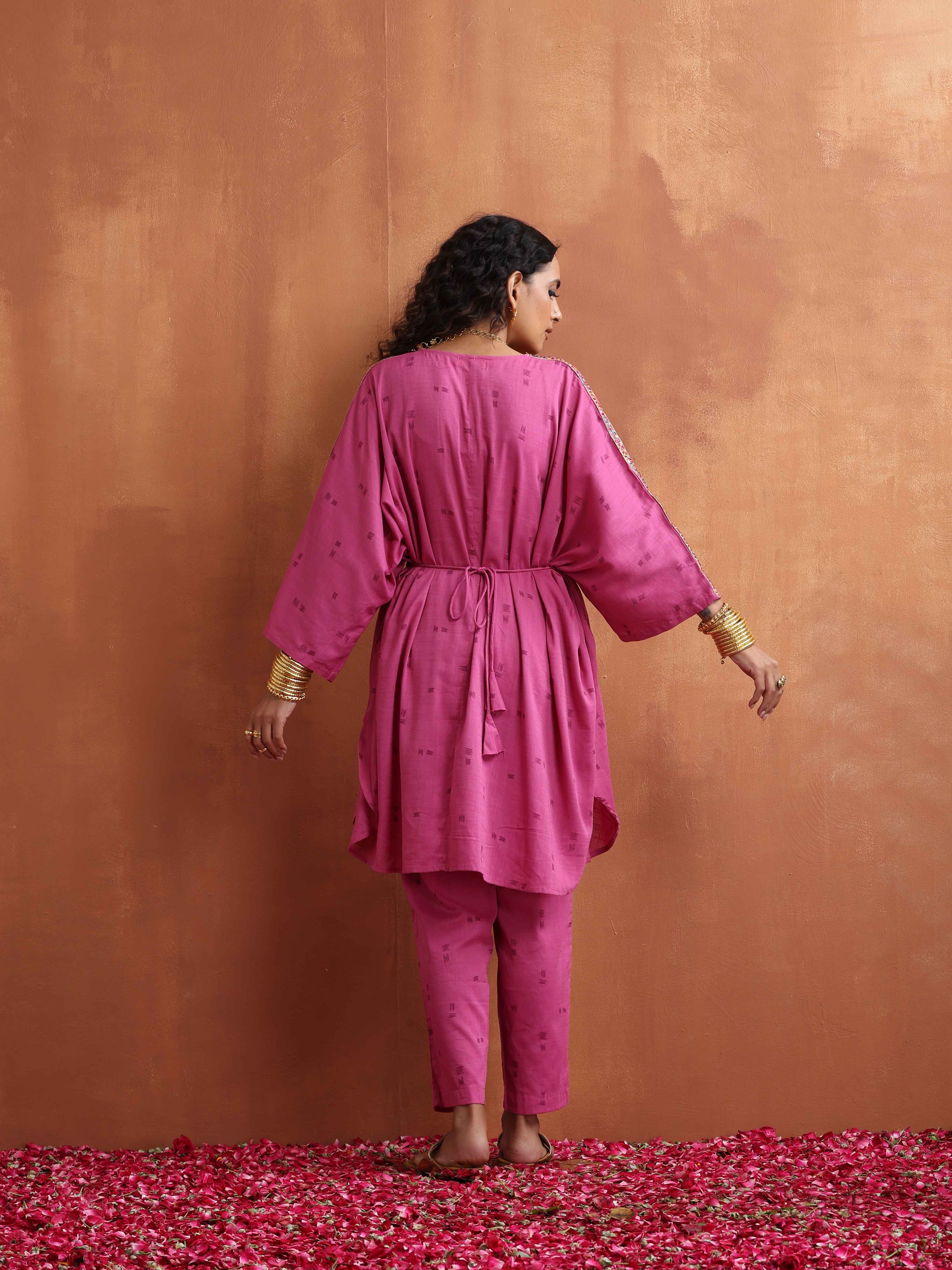 trueBrowns Pink Print Kaftan Kurta Co-ord Set - view 8