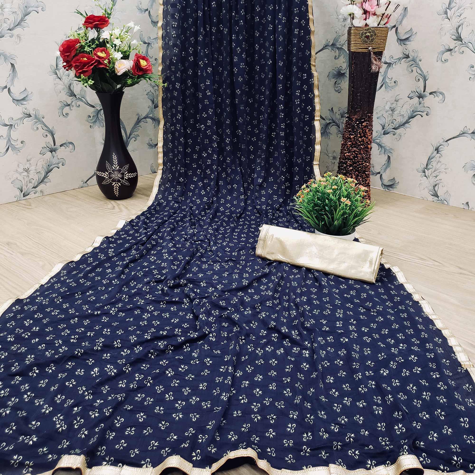 Peachmode Engrossing Navy Blue Colored Casual Wear Printed Art Silk Saree