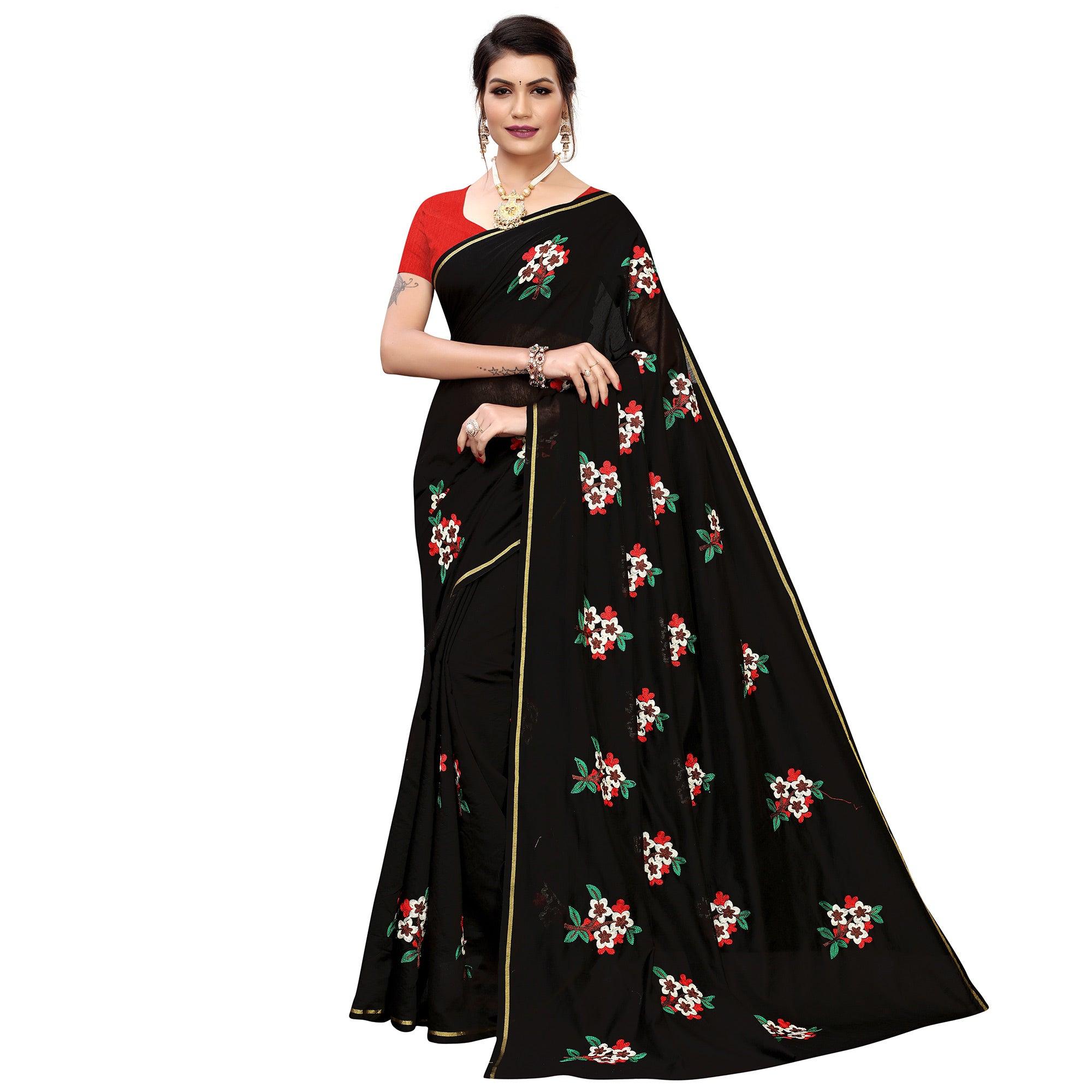 Peachmode Lovely Black Colored Partywear Embroidered Chanderi Silk Saree