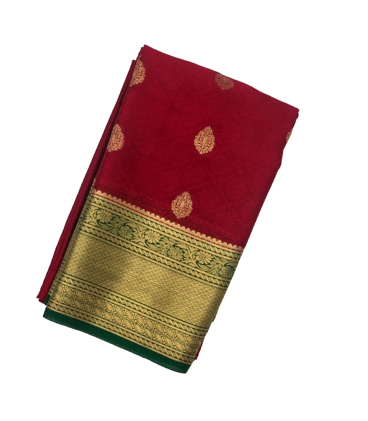 RmKV Crimson Mysore Crepe Silk Saree With Floral Motifs & Contrast Border