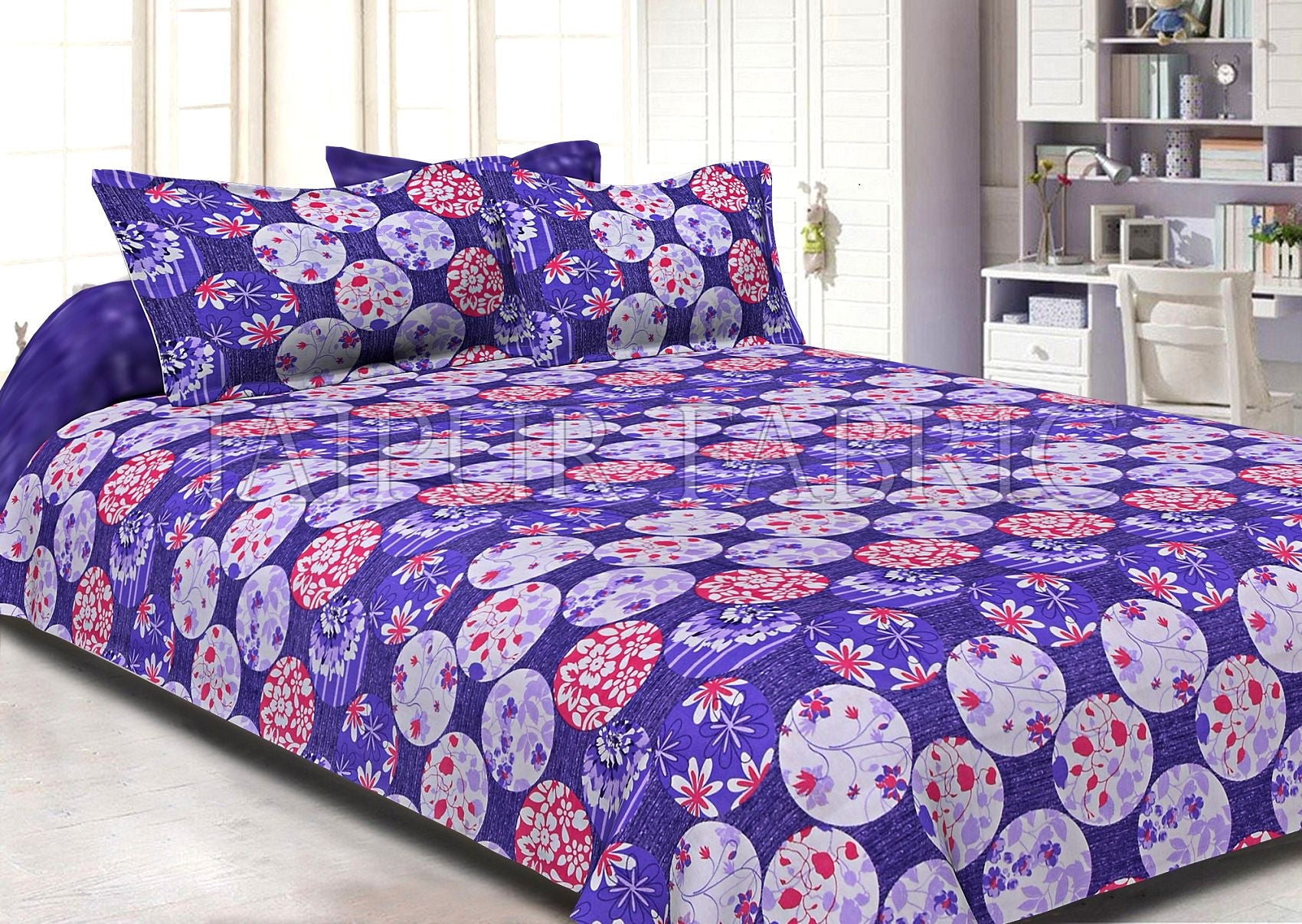 JaipurFabric® Purple Base Circle Polka Dot Pattern Cotton Double Bed Sheet