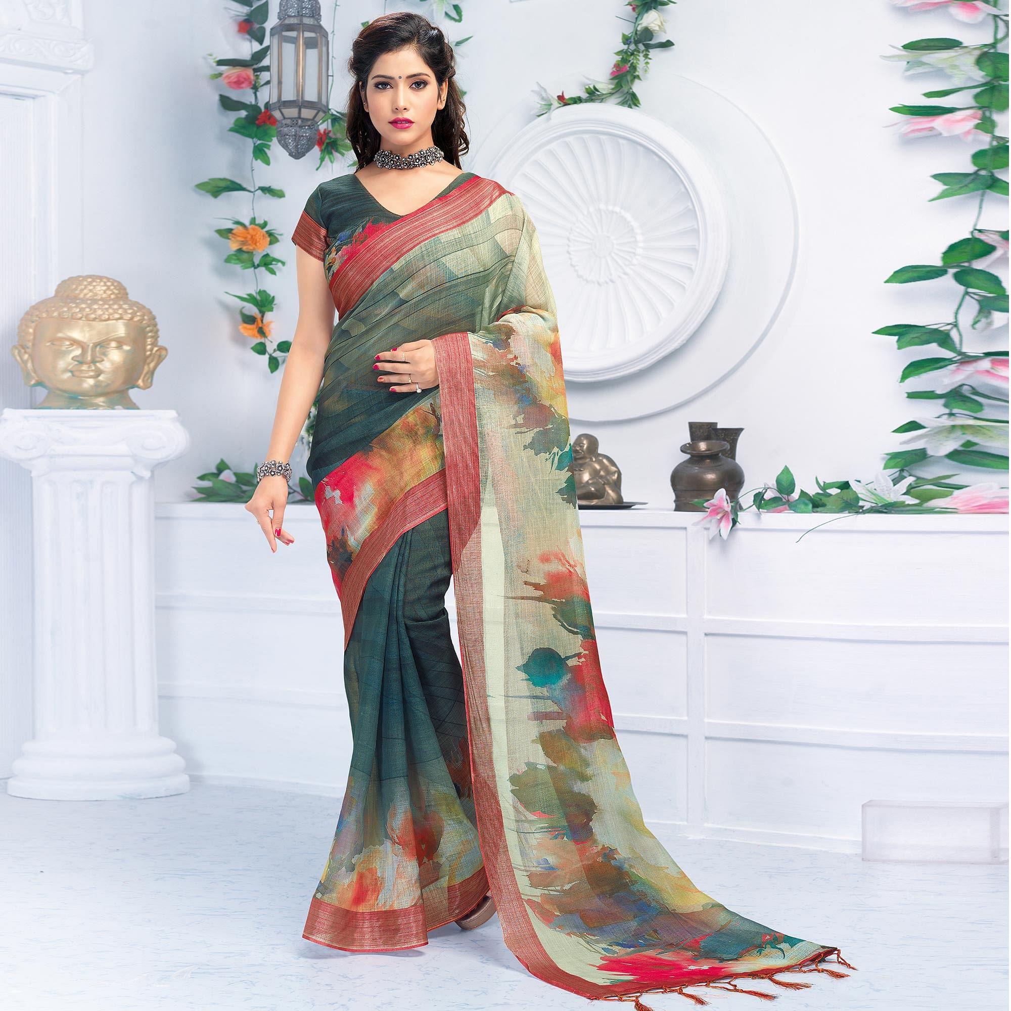 Peachmode Hypnotic Green Colored Casual Wear Printed Pure Linen Saree
