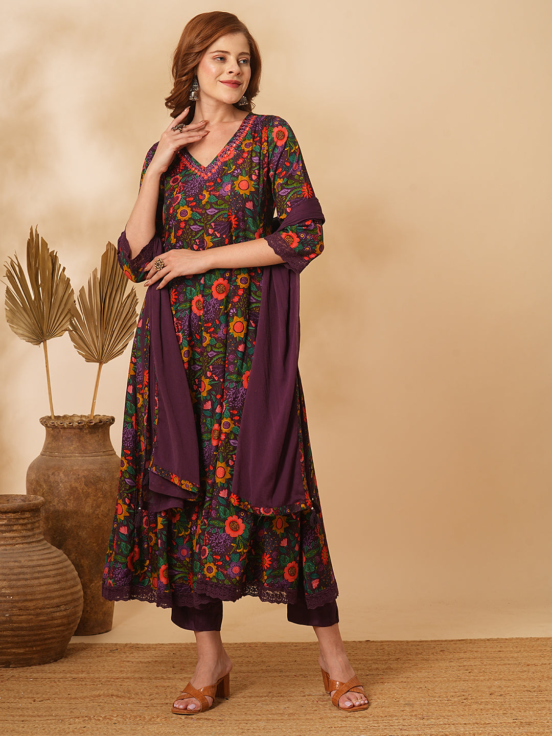 Fashor Floral Printed Mirror Embroidered Anarkali with Pant & Dupatta - Purple - view 3