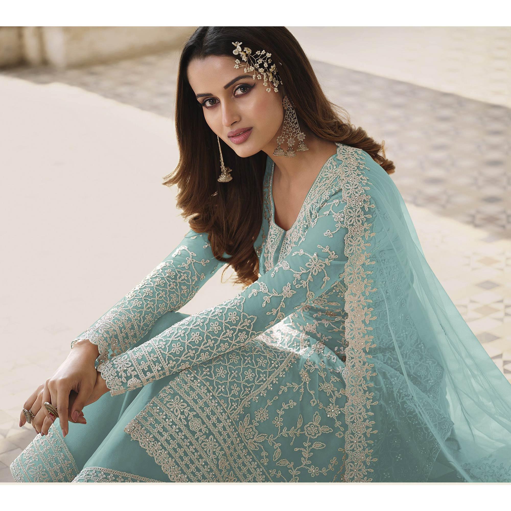 Peachmode Light Blue Embroidered Netted Pakistani Suit - view 4