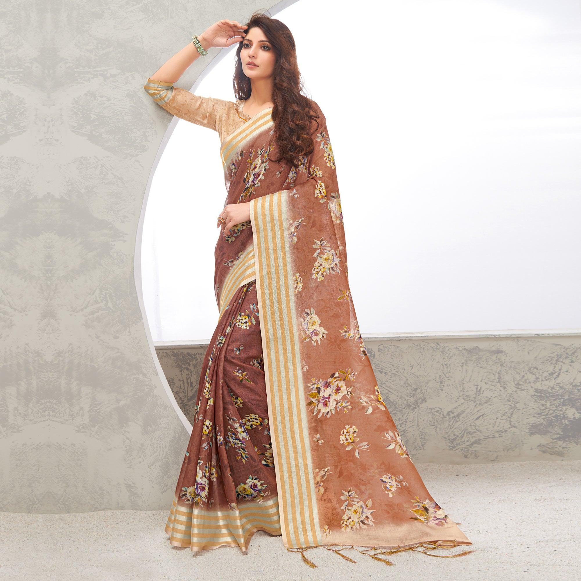 Peachmode Brown Casual Wear Digital Printed Pure Linen Saree