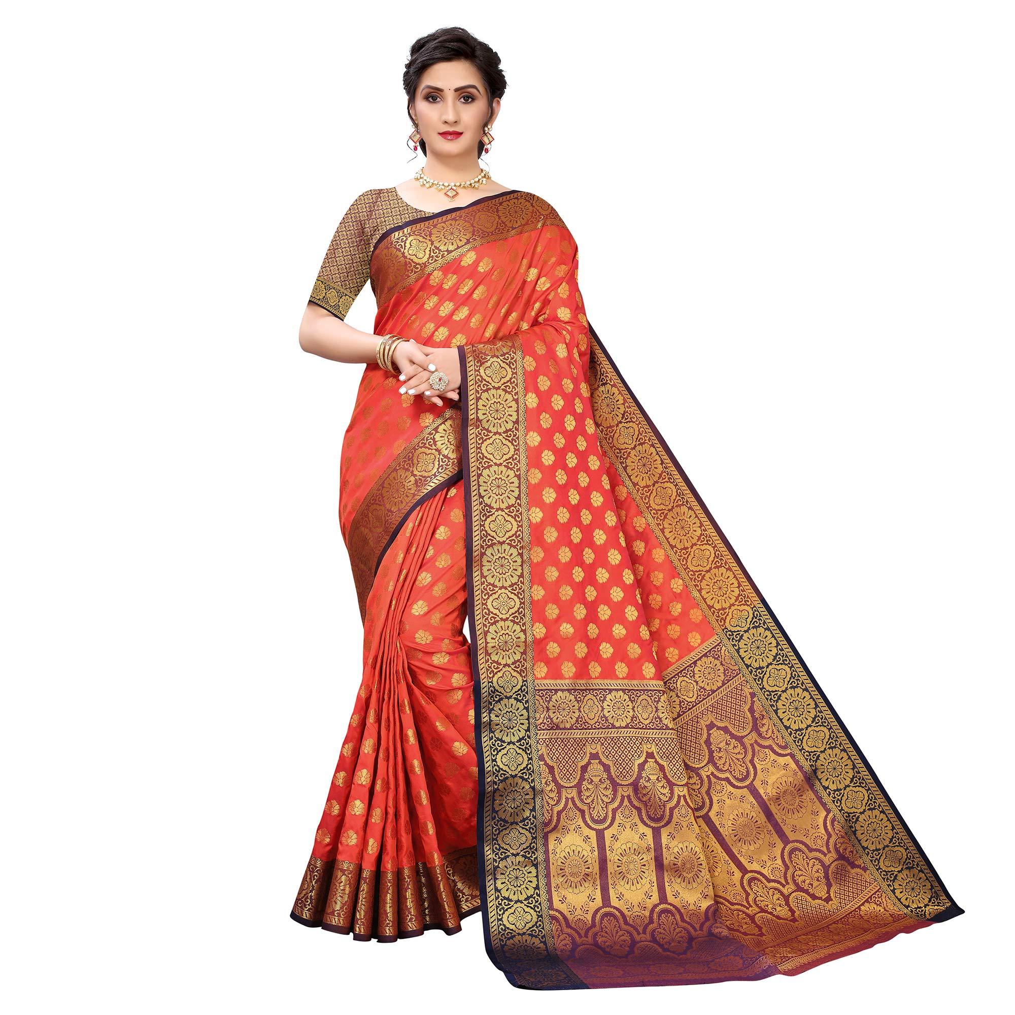 Peachmode Dark Orange Festive Wear Jari Woven Heavy Silk Saree