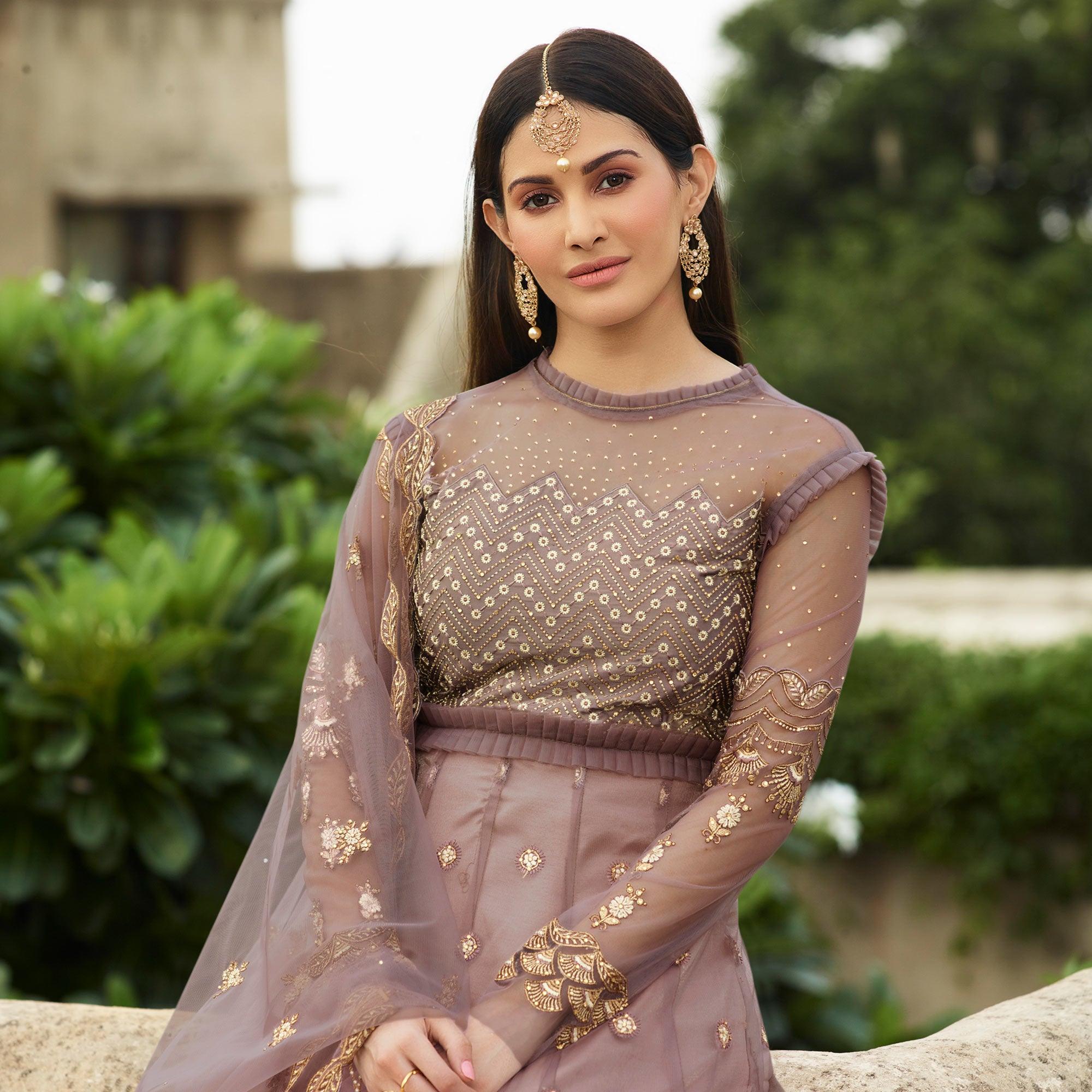 Peachmode Jazzy Mauve Coloured Partywear Embroidered Net Anarkali Suit - view 2