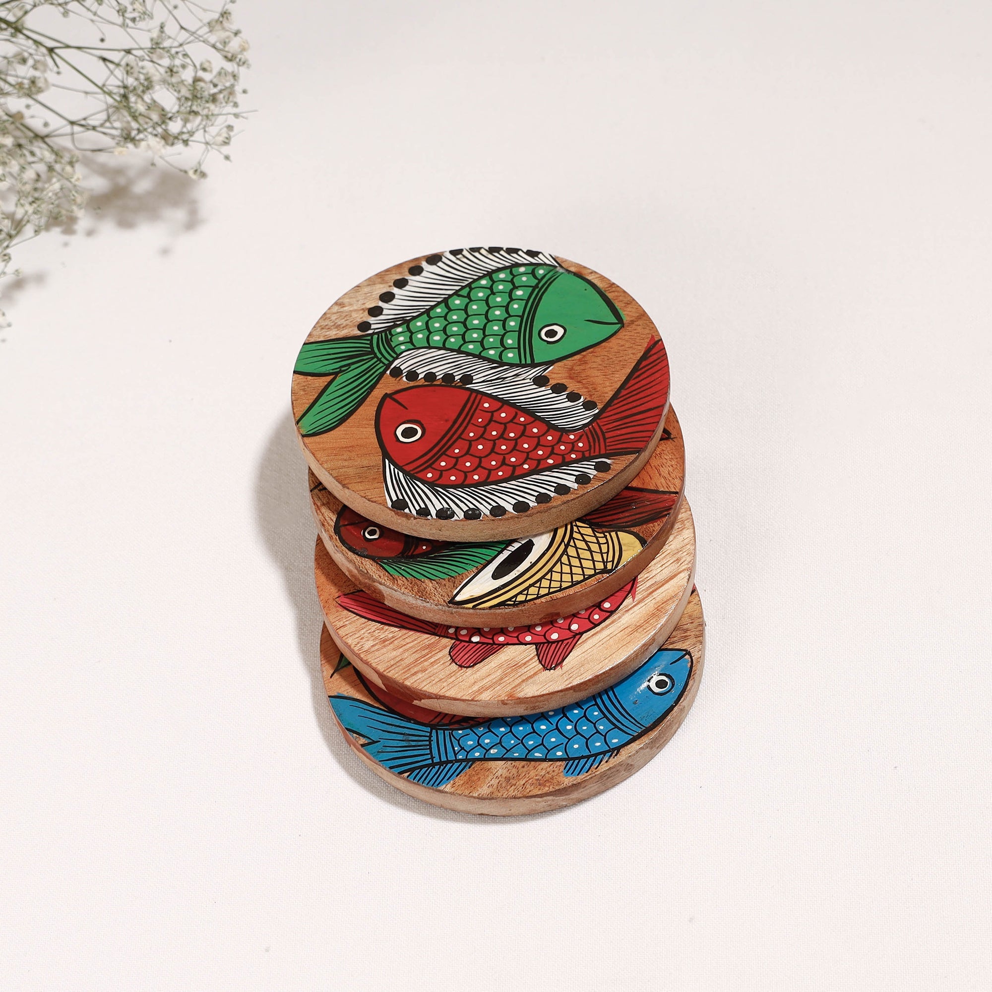 ITOKRI CRAFTS INITIATIVE Bengal Patua Handpainted Akashmoni Wooden Coasters (Set of 4) - view 2