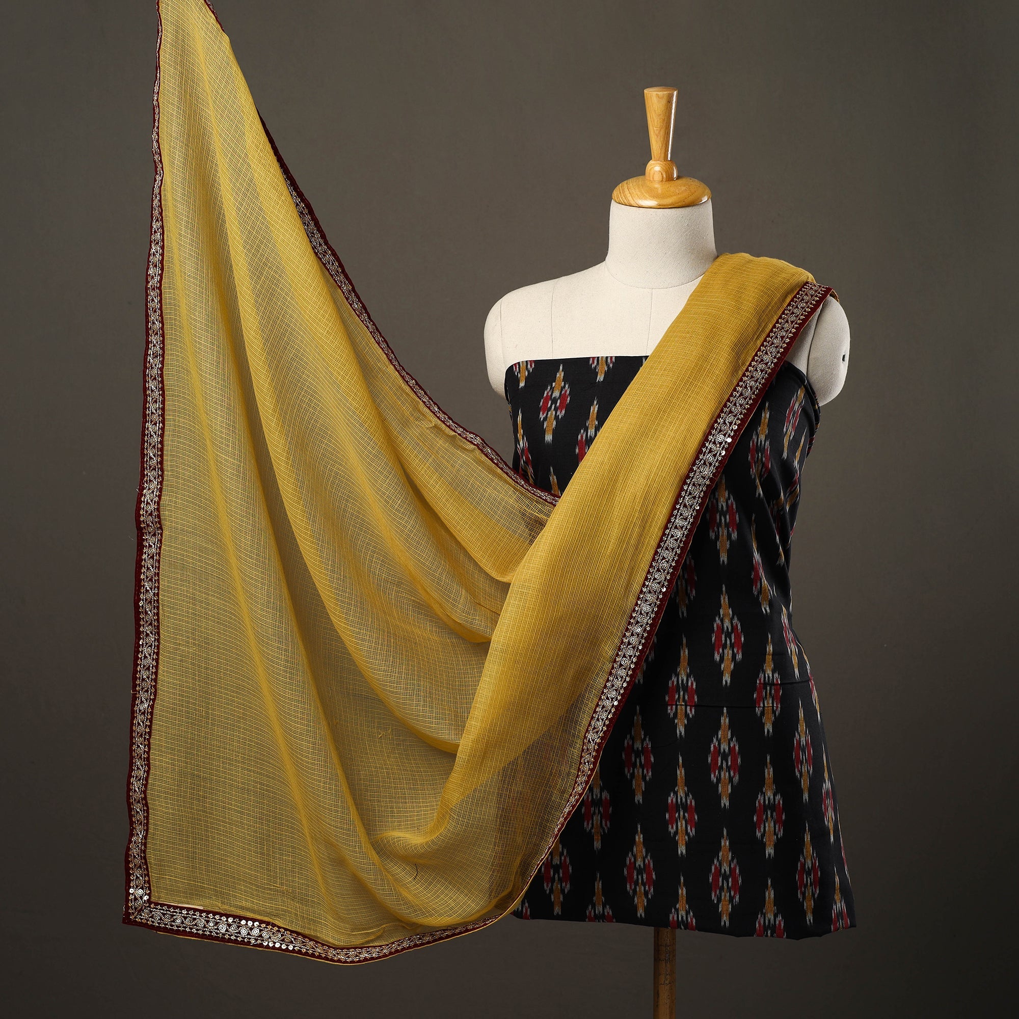 NOORI BAZAR Black - 3pc Cotton Pochampally Ikat Kurta with Plain Dupatta 10
