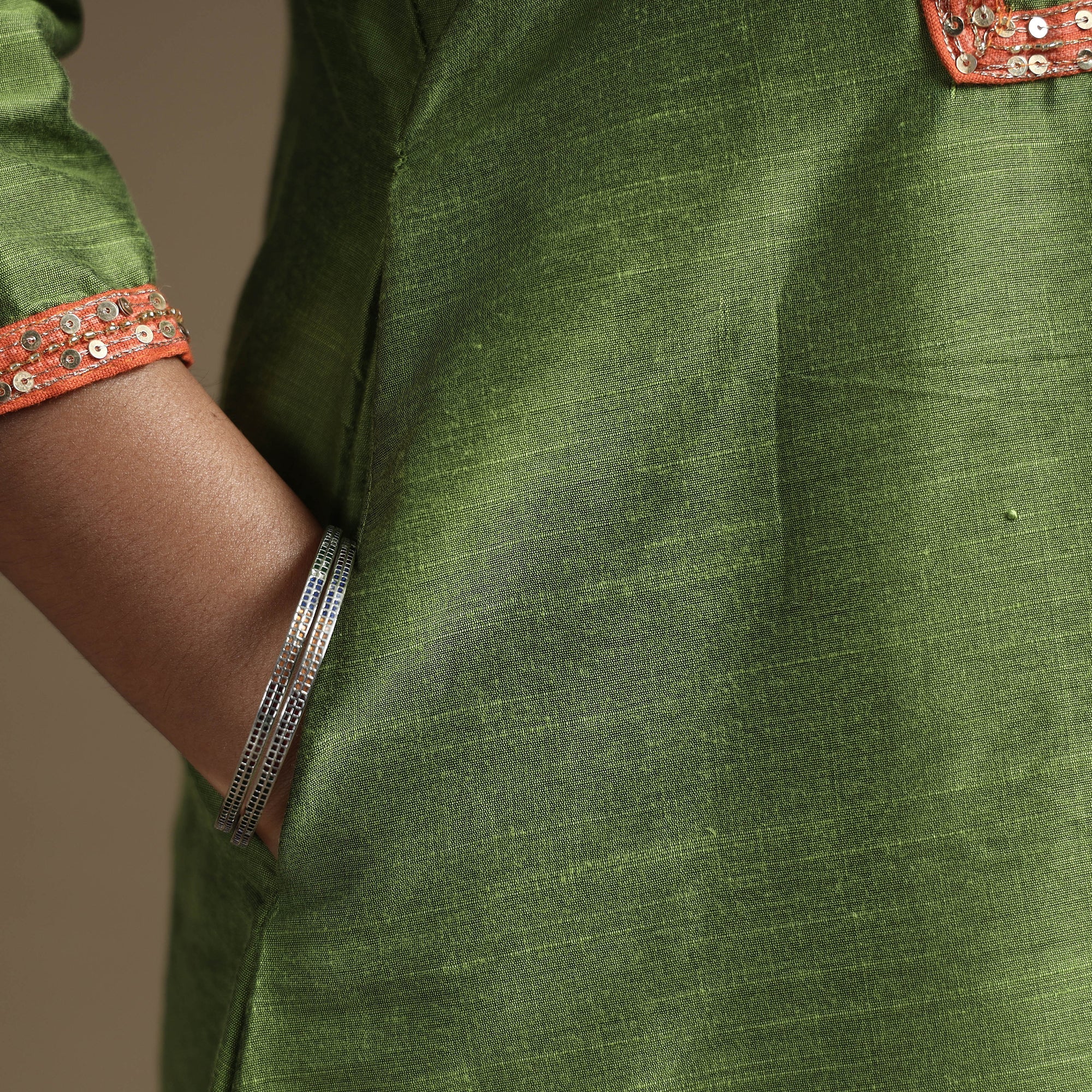 ITOKRI CASUALS Apple Green - Plain Solid Slub Silk A-Line Kurta with Beadwork Hand Embroidery Lace - view 6